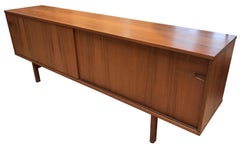 1960s Danish Modern Long Teak Credenza with Sliding Doors