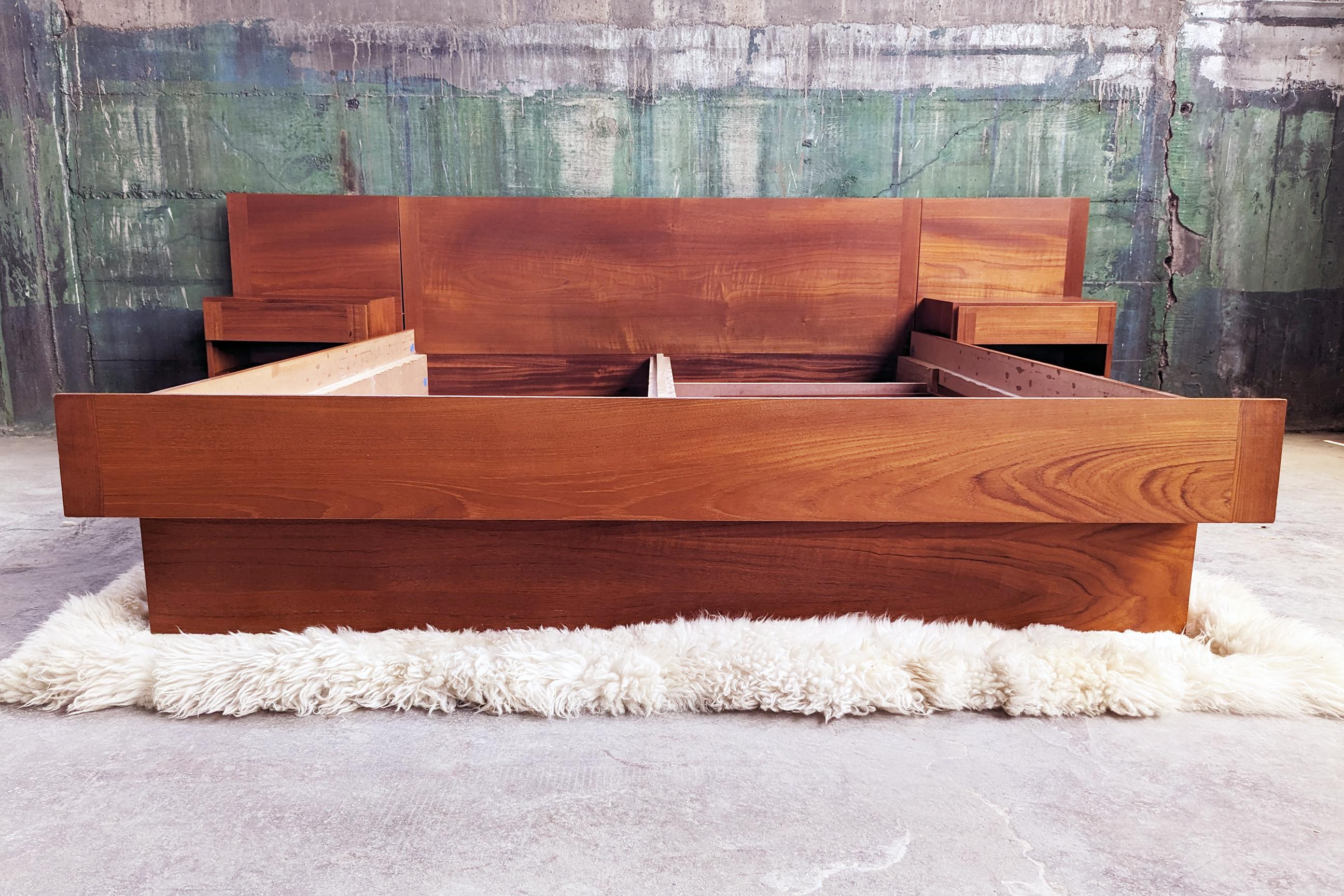 1960s Danish Modern Mid Century Teak Queen Bed With Attached Storage Nightstands 3