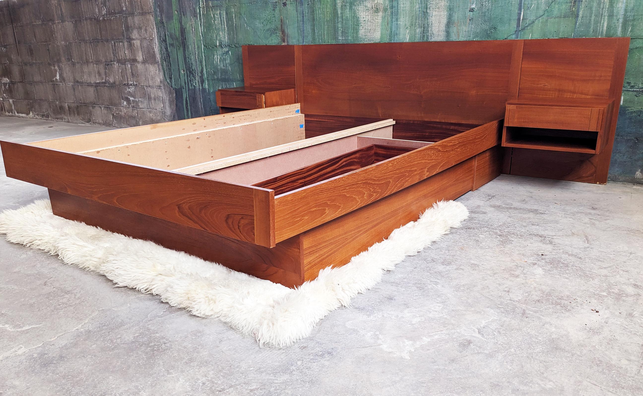 1960s Danish Modern Mid Century Teak Queen Bed With Attached Storage Nightstands 4