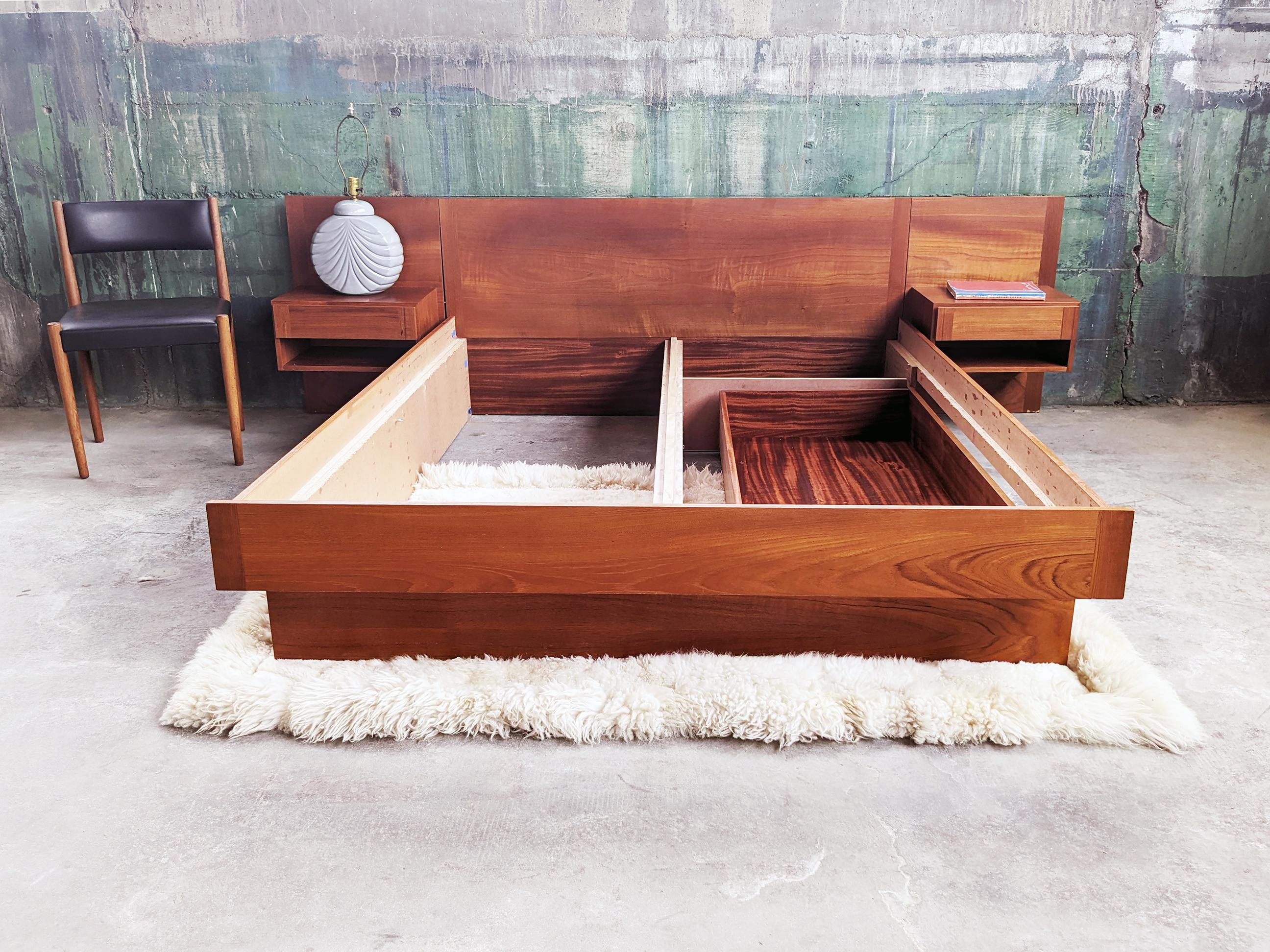 This bed has it all!!-- Sleek Danish mid century design, a Beautiful teak grain veneer frame, Storage end tables on each side AND under the bed storage drawer! Very sought after Original Vintage Danish Modern Teak Queen Bed + Two Attachable