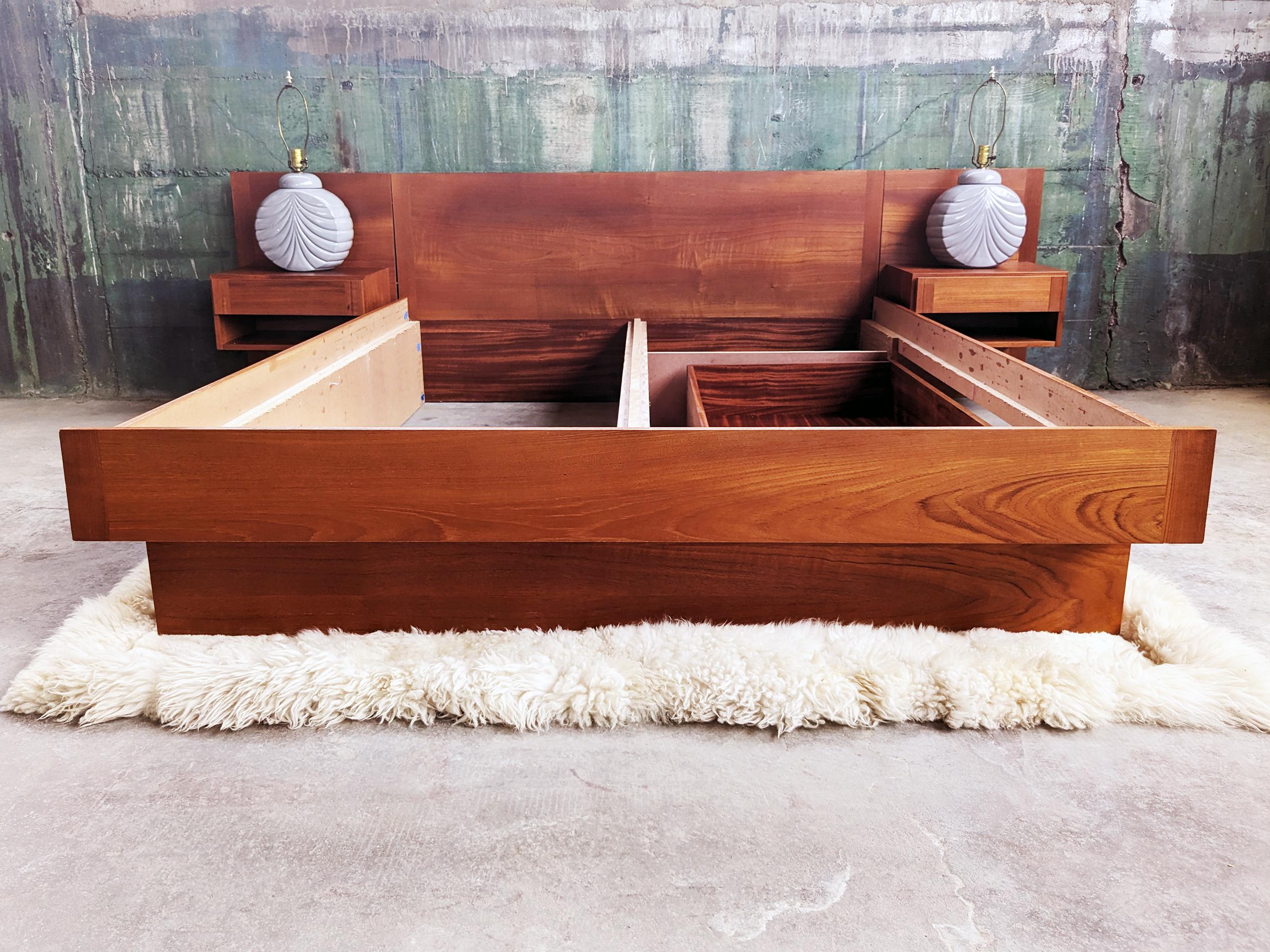 1960s Danish Modern Mid Century Teak Queen Bed With Attached Storage Nightstands In Good Condition In Madison, WI