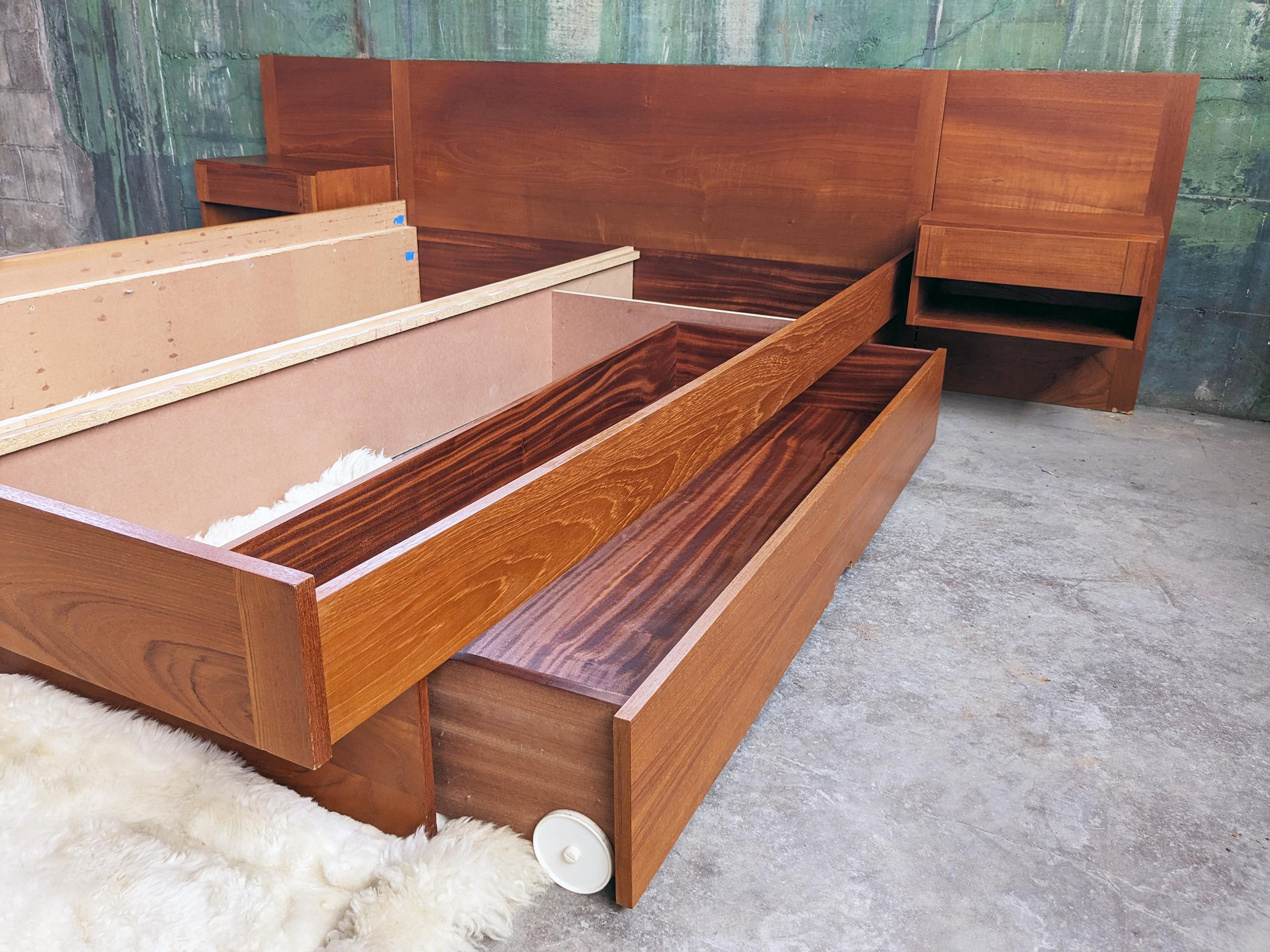 Mid-20th Century 1960s Danish Modern Mid Century Teak Queen Bed With Attached Storage Nightstands