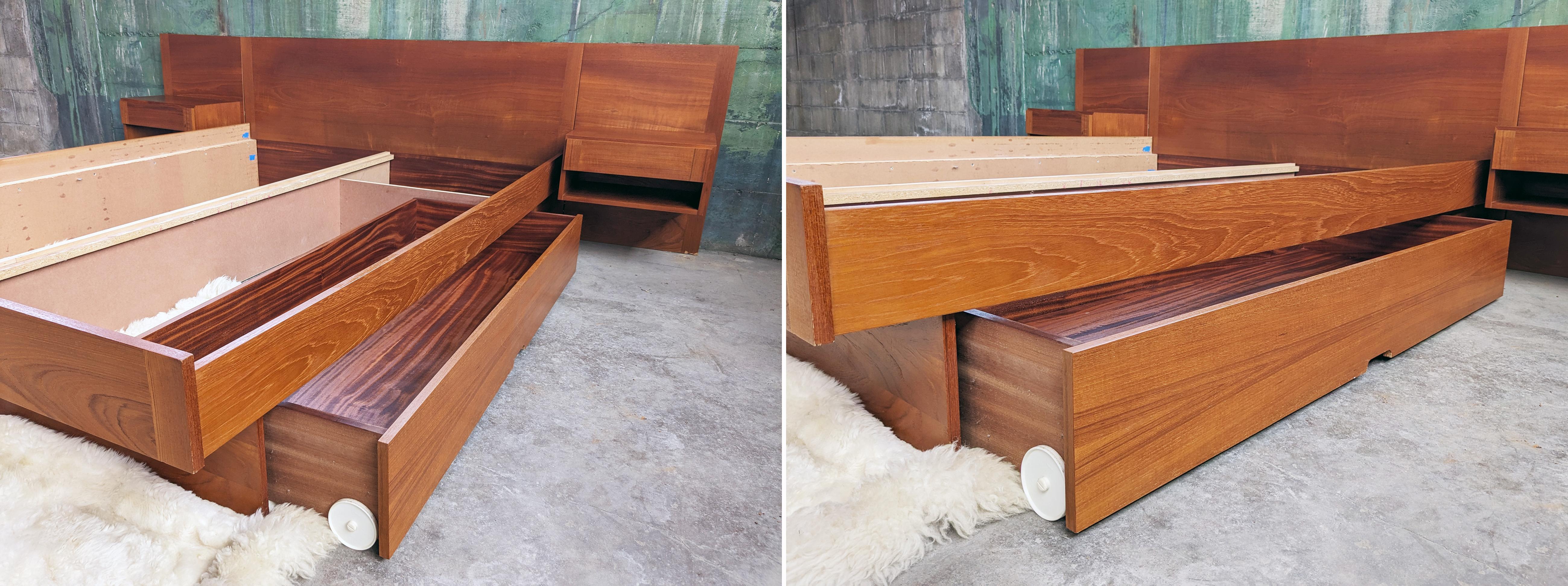 1960s Danish Modern Mid Century Teak Queen Bed With Attached Storage Nightstands 1