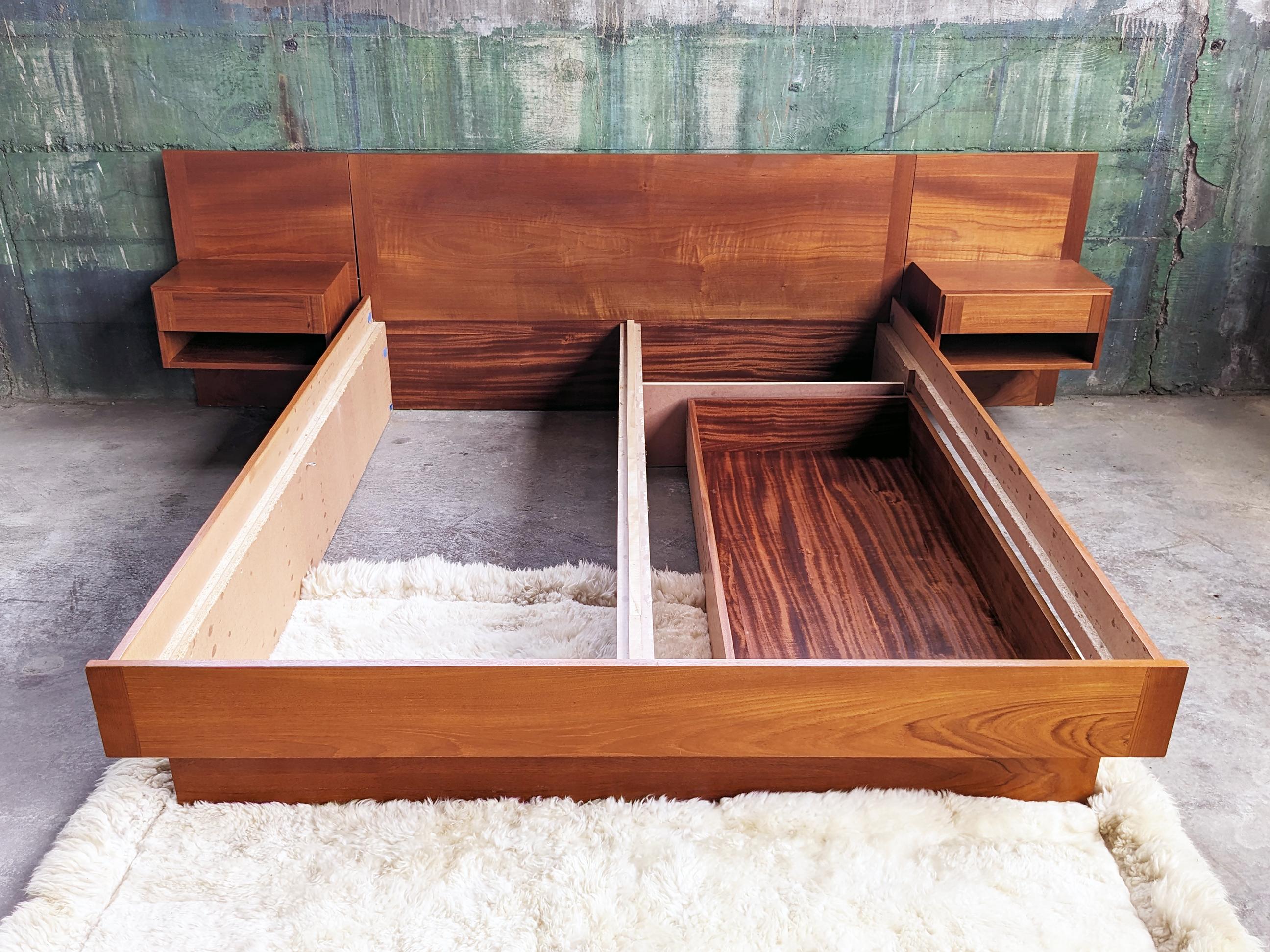 1960s Danish Modern Mid Century Teak Queen Bed With Attached Storage Nightstands (Teakholz)