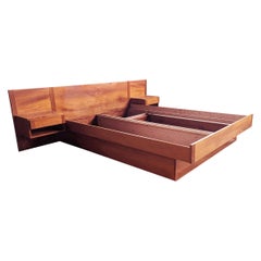 Vintage 1960s Danish Modern Mid Century Teak Queen Bed With Attached Storage Nightstands