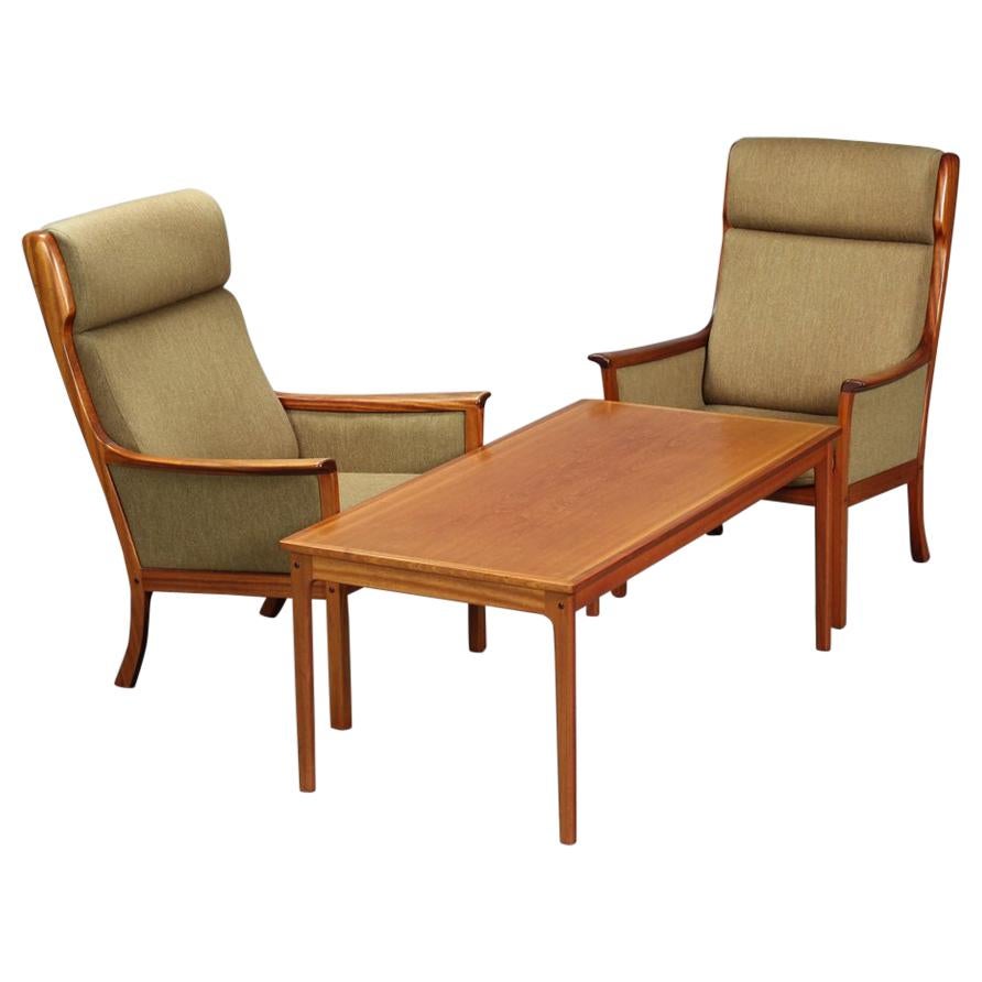 1960s Danish Modern Ole Wanscher for P. Jeppesen Mahogany Armchairs & Coffee Tab