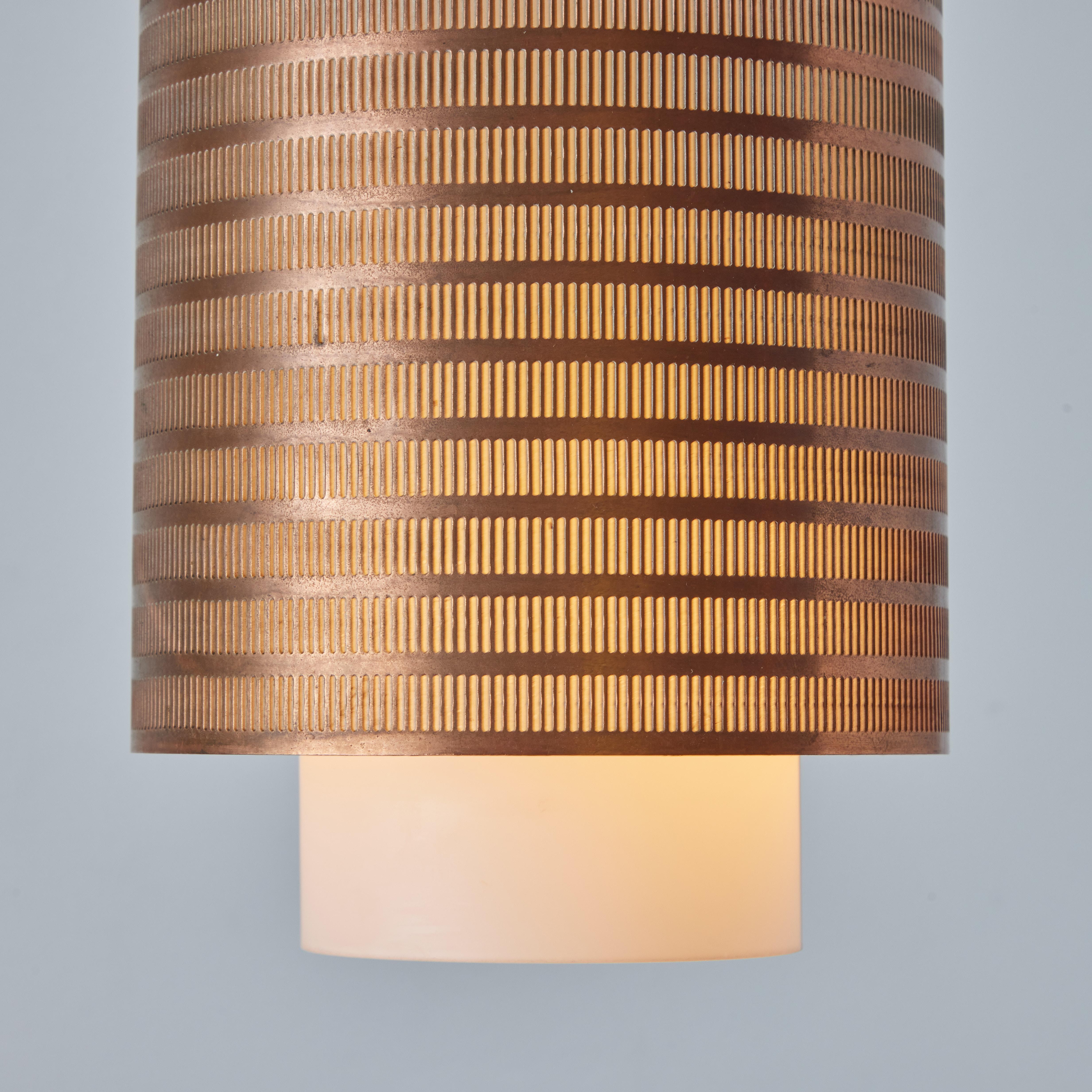 1960s Danish Modern Perforated Copper and Glass Pendant Attributed to Lyfa For Sale 1
