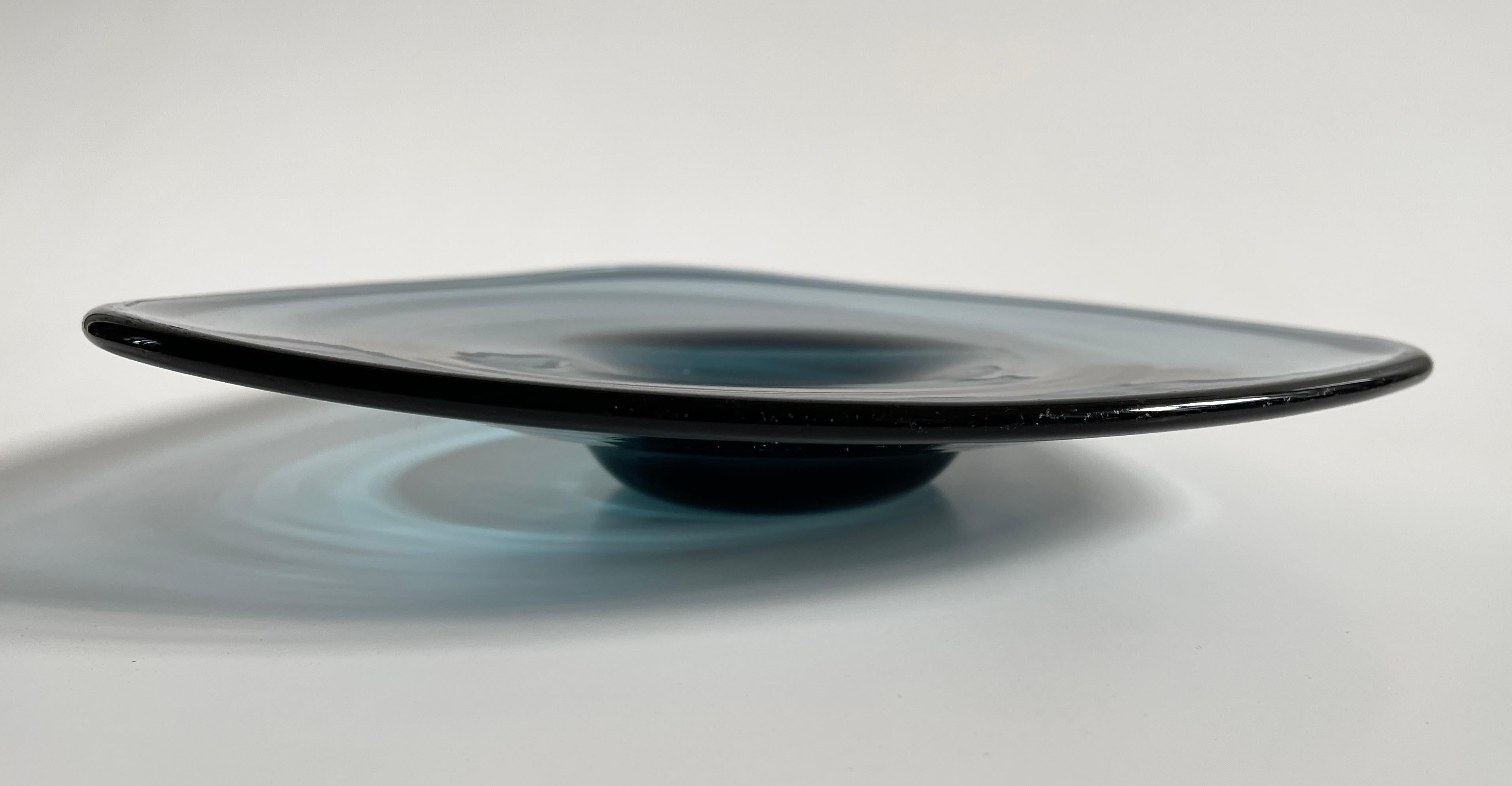 1960s Danish Modern Rouleaux Curved Triangle Blue Smoke Glass Tray For Sale 5