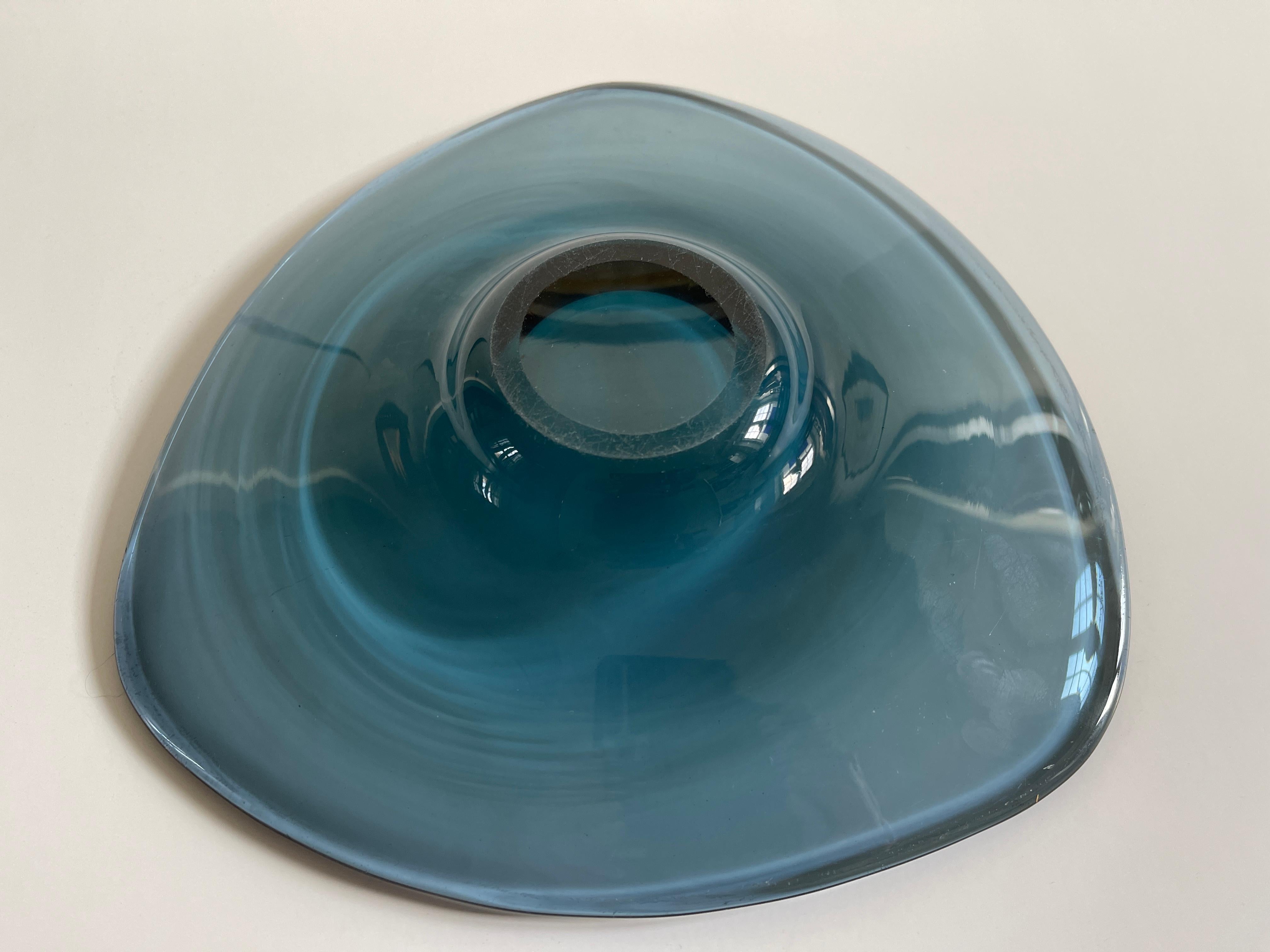 1960s Danish Modern Rouleaux Curved Triangle Blue Smoke Glass Tray For Sale 1