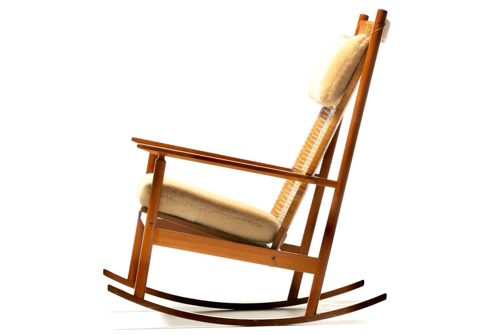 Hide 1960s Danish Modern Teak Rocking Chair by Hans Olsen in Plush Cream Shearling For Sale