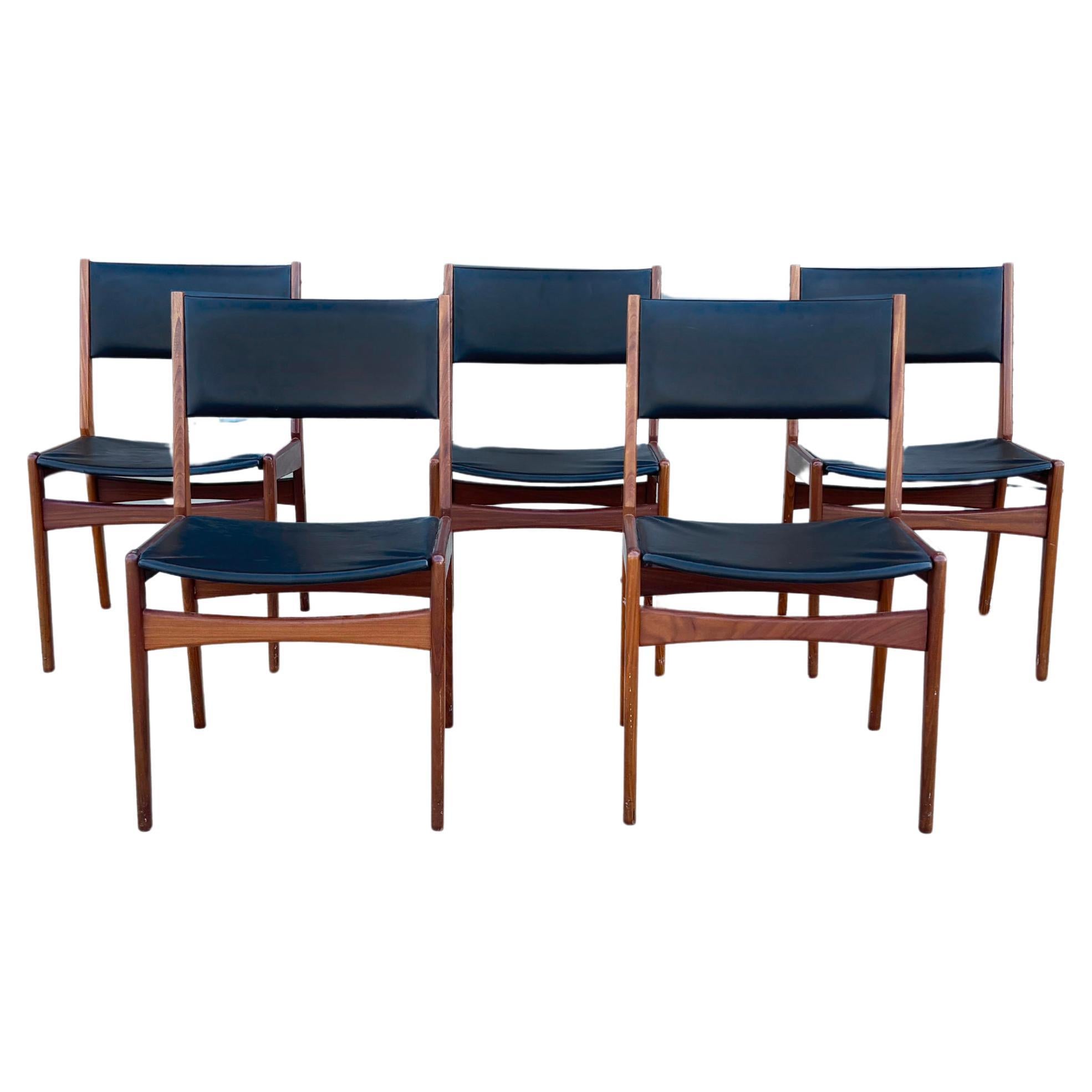 1960s Danish Modern Teak & Vinyl Dining Chairs by Frem Rojle - Set of 5