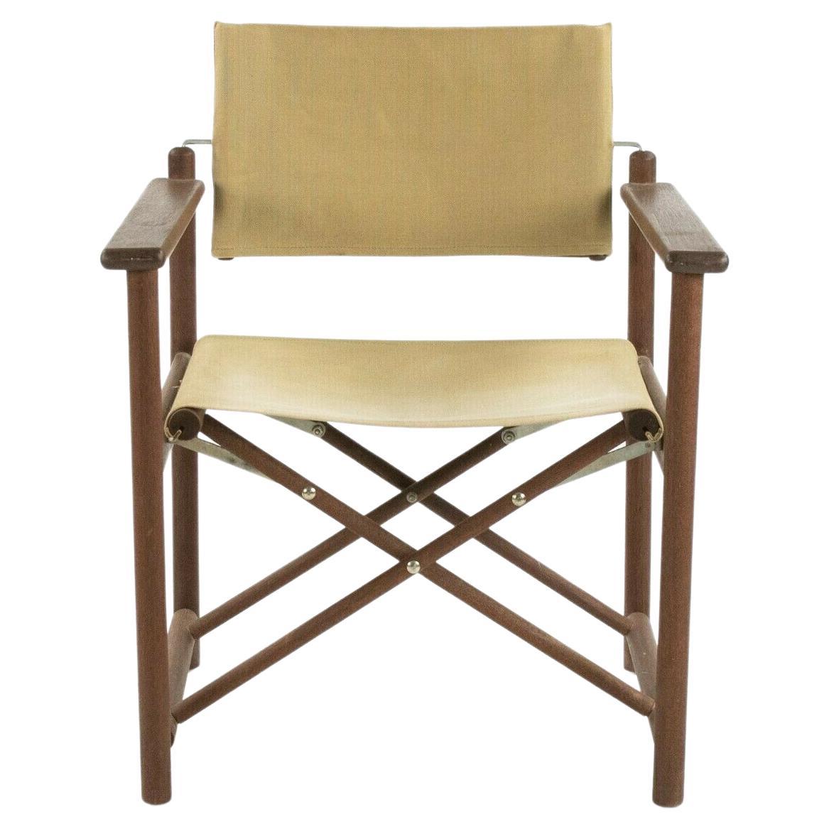 1960s Danish Modern Walnut and Canvas Folding Campaign Chair For Sale