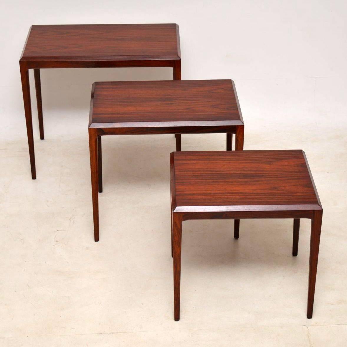 A superb nest of vintage tables, these were made in Denmark by CFC Silkeborg, they were designed by Johannes Andersen. They are in great condition for their age, with just some minor surface wear here and there. The middle table has some light