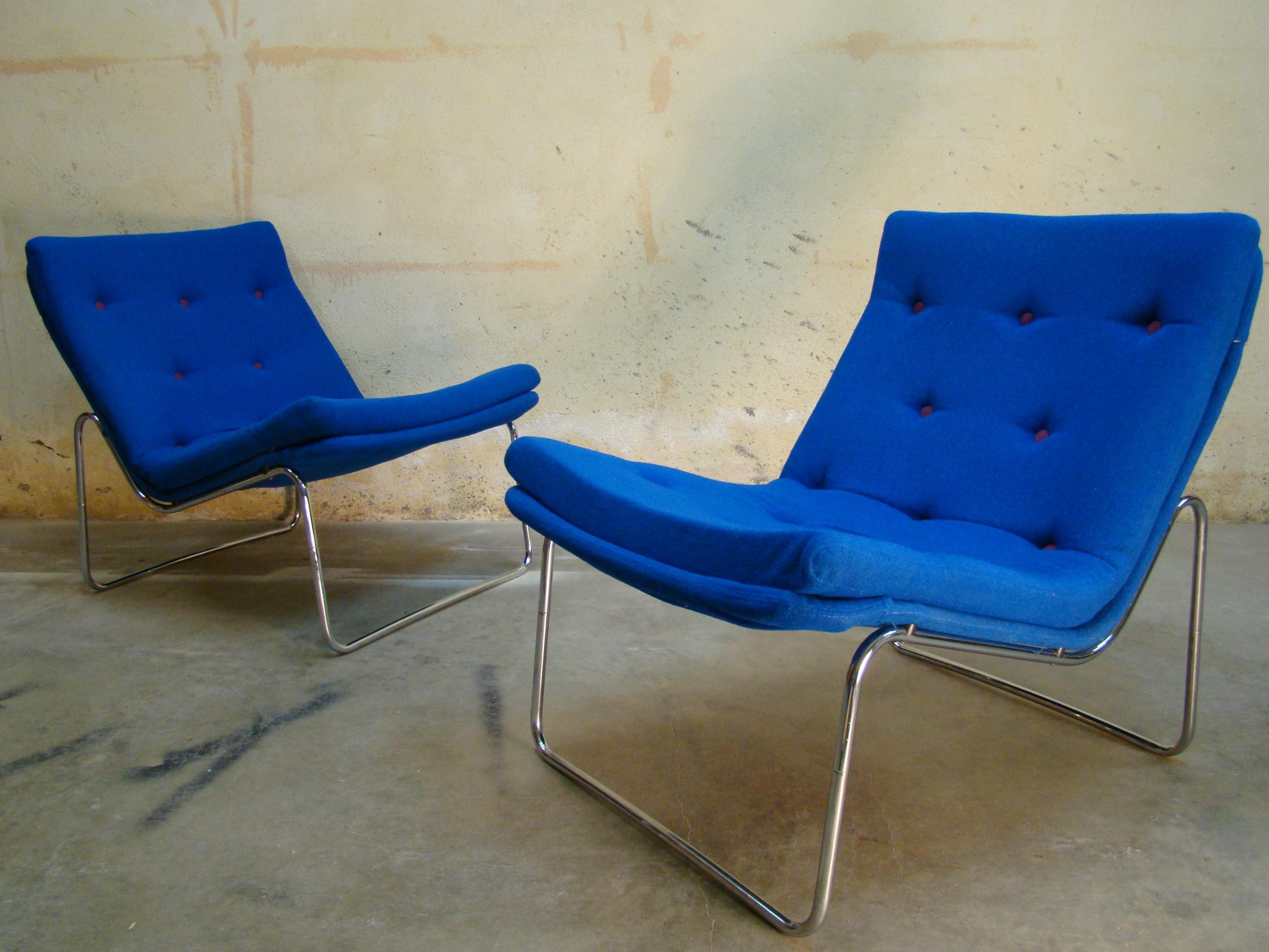 Excellent pair of armless Danish lounge chairs constructed of beautifully contoured tubular chrome steel with 