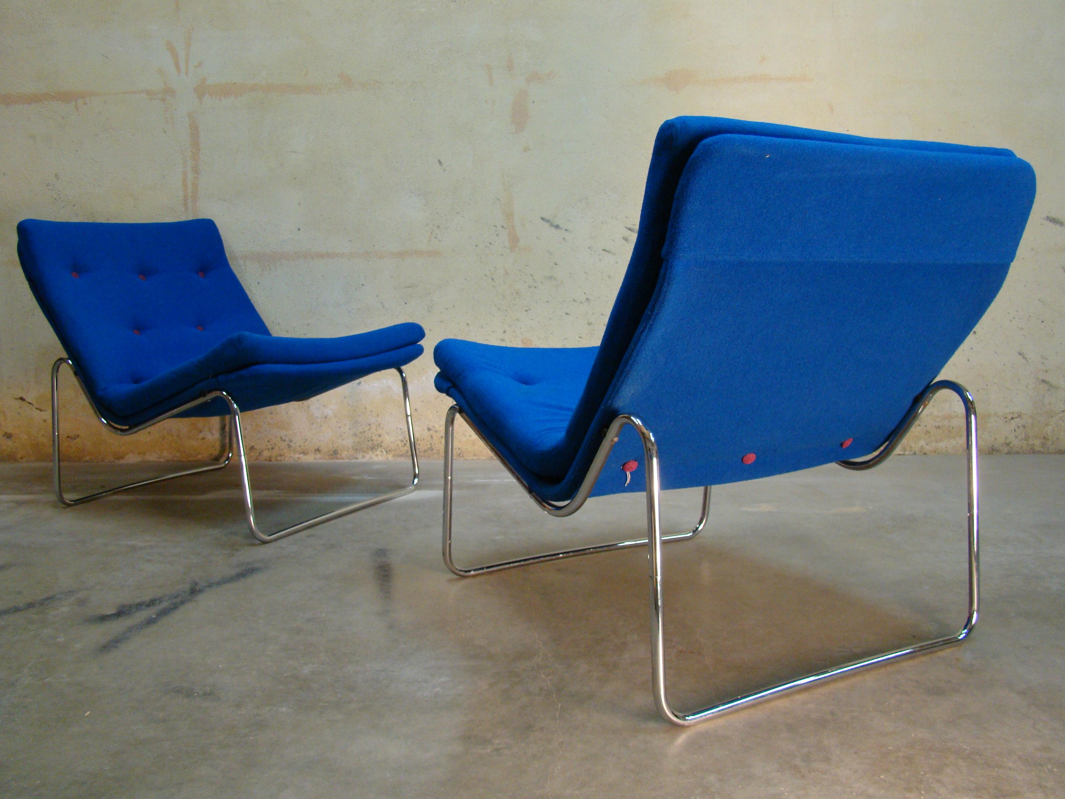 Upholstery 1960s Danish Pair of Fluid Chrome Lounge Chairs in Copenhagen Blue Wool