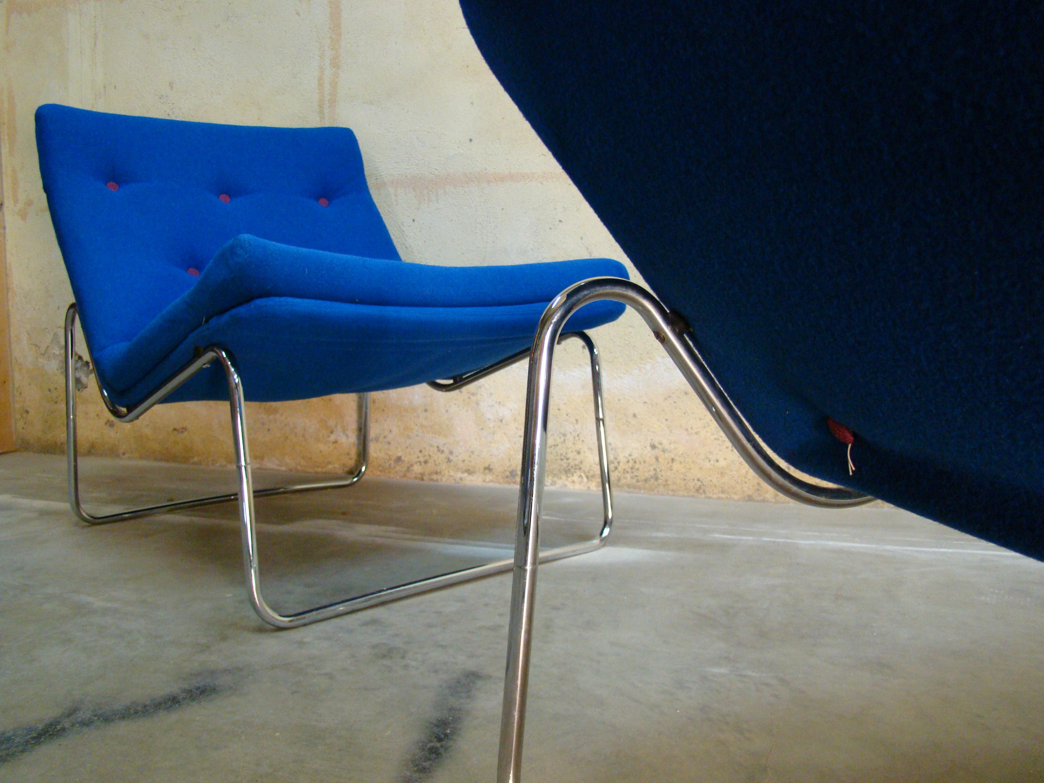 1960s Danish Pair of Fluid Chrome Lounge Chairs in Copenhagen Blue Wool 2