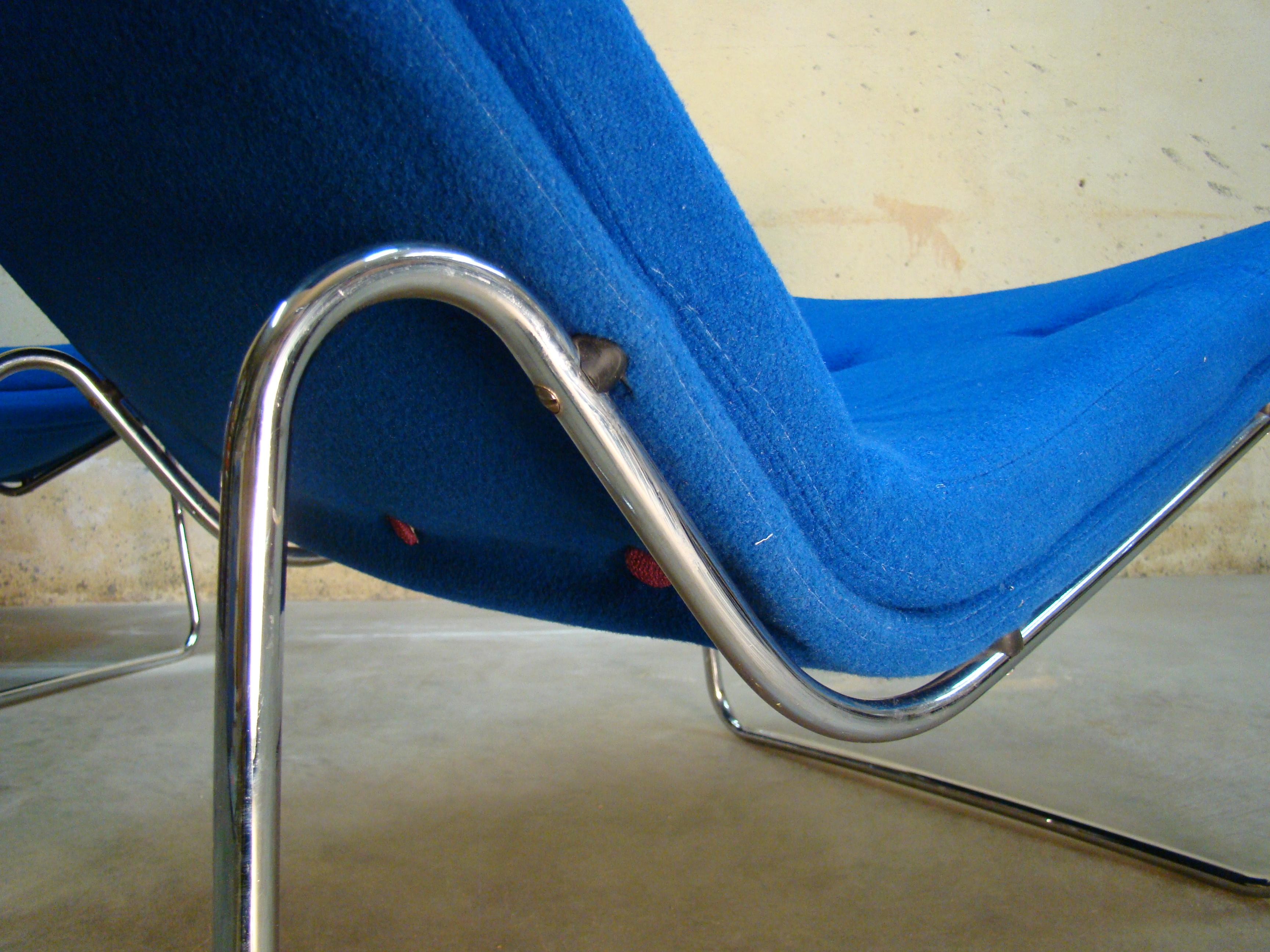 1960s Danish Pair of Fluid Chrome Lounge Chairs in Copenhagen Blue Wool 3