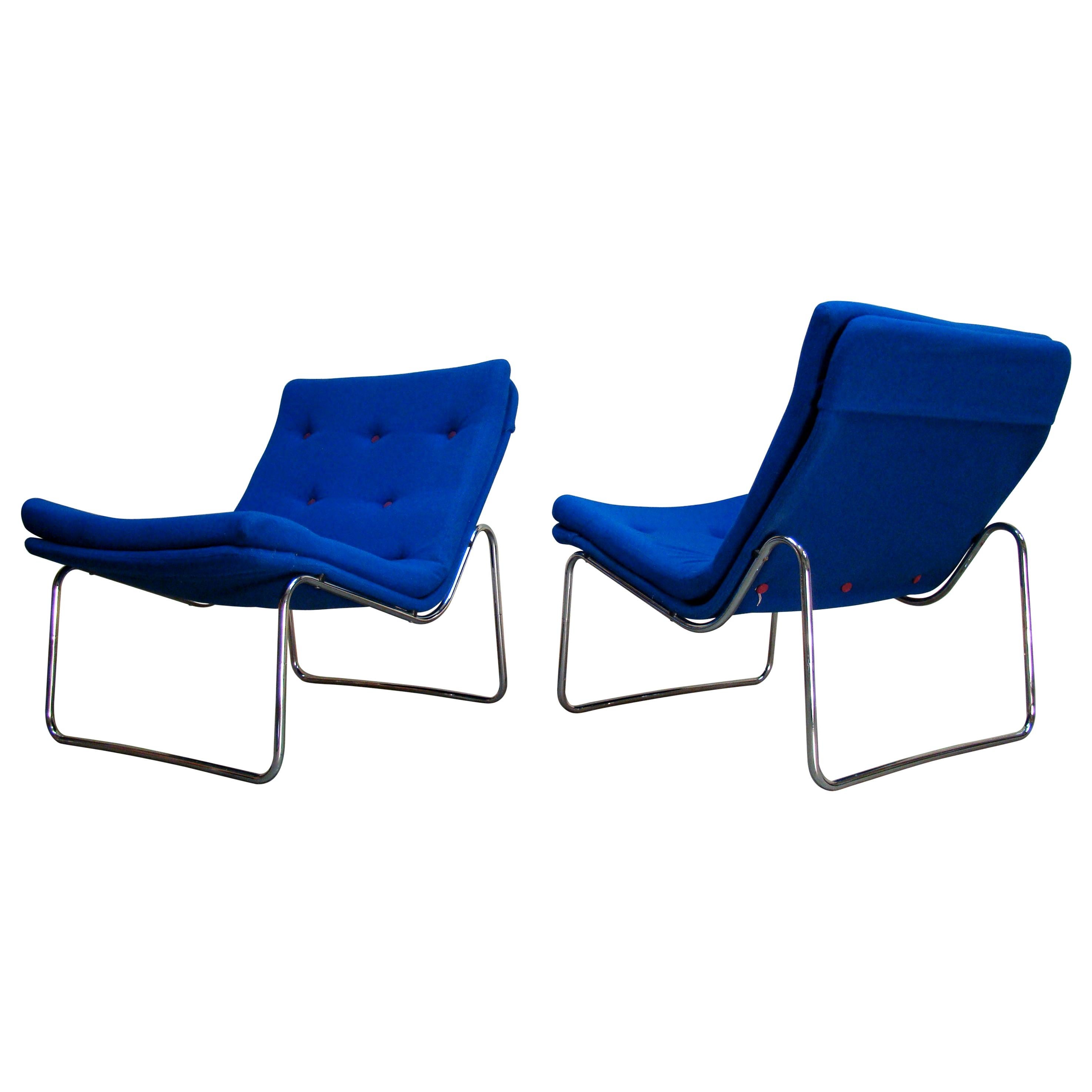 1960s Danish Pair of Fluid Chrome Lounge Chairs in Copenhagen Blue Wool