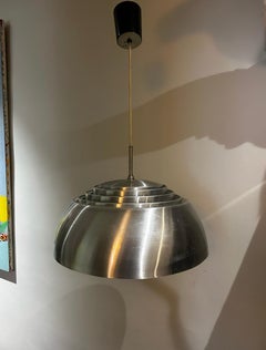 1960s Danish Pendant Light, Polished Aluminum with Opaline Glass Globe