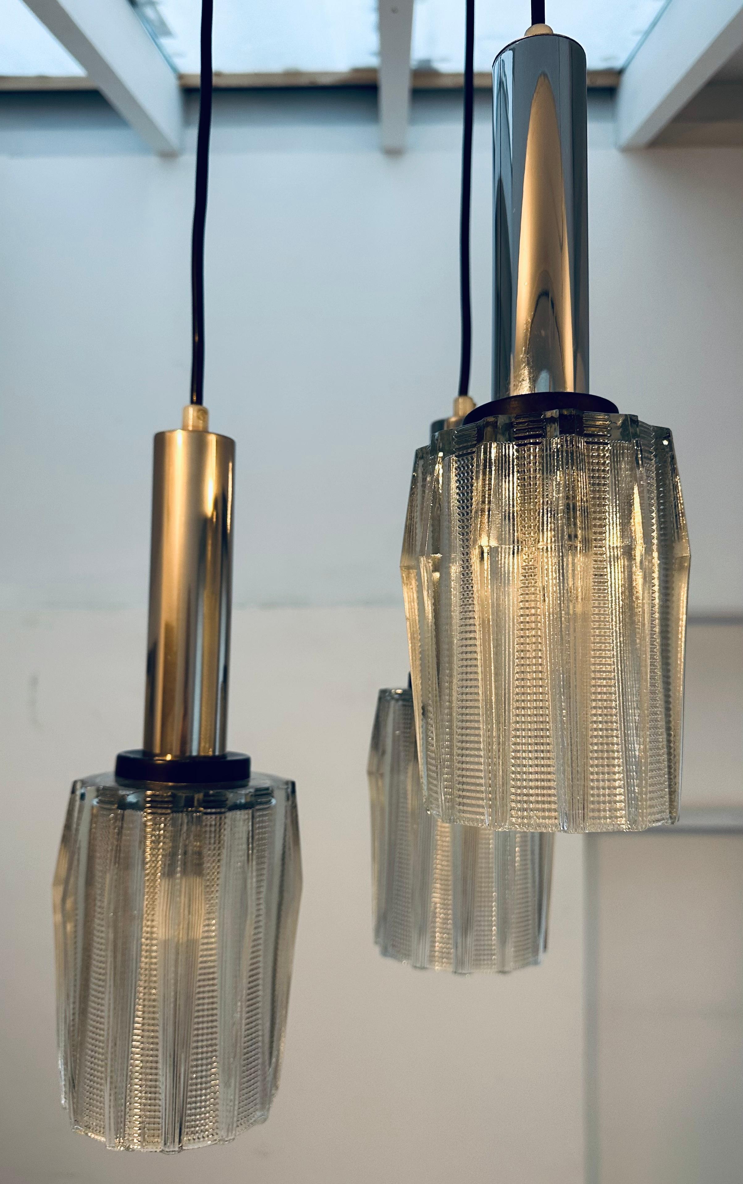 1960s Danish Polished Chrome and Serrated Glass 3-Shade Ceiling Hanging Light 7