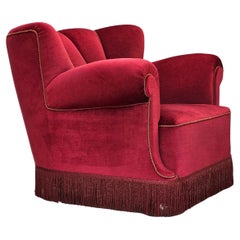 Fauteuil de détente danois des années 1960, état d'origine, velours de meuble rouge cerise.