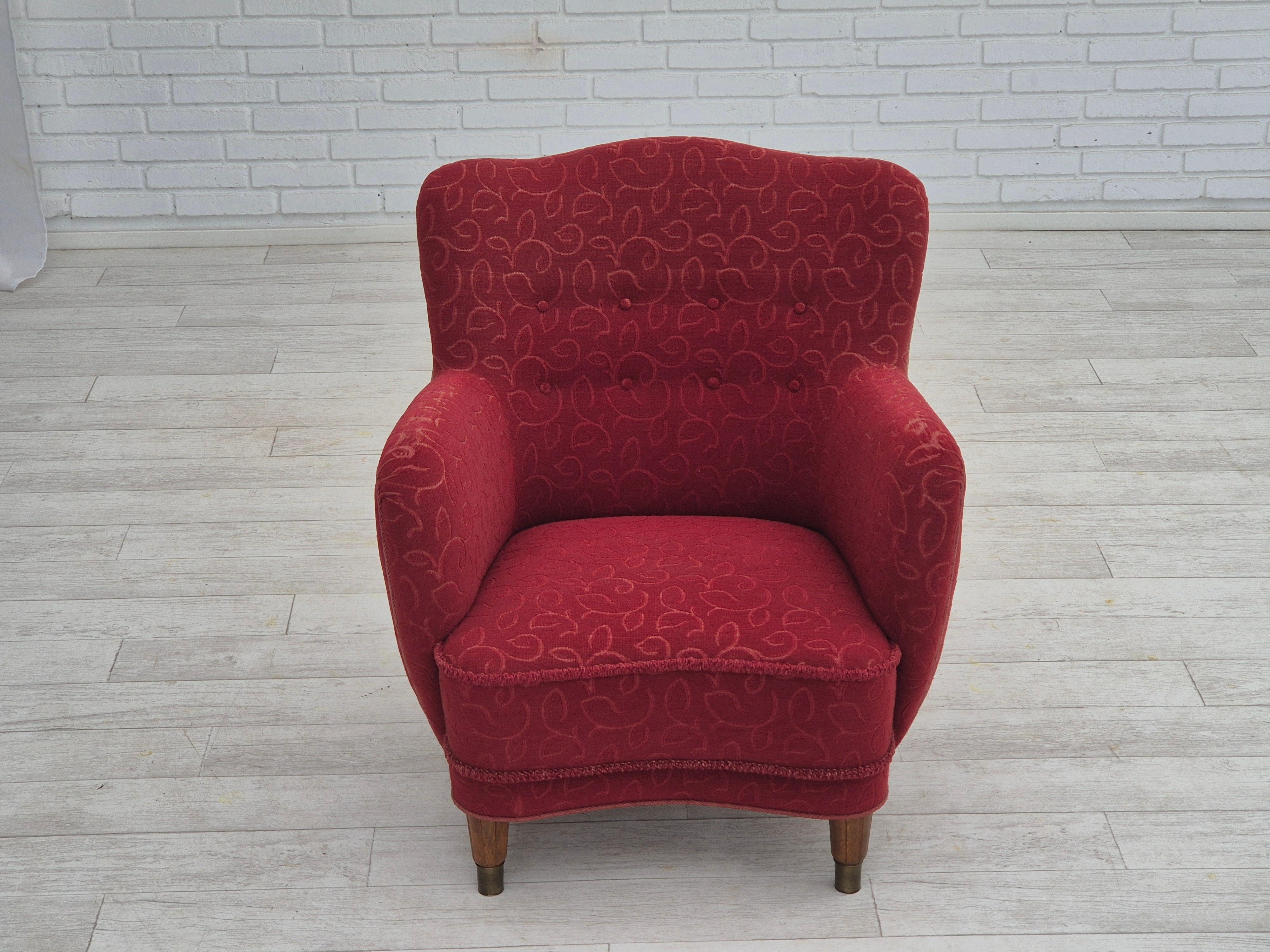 1960s, Danish relax armchair, original condition, red cotton/wool. For Sale 11
