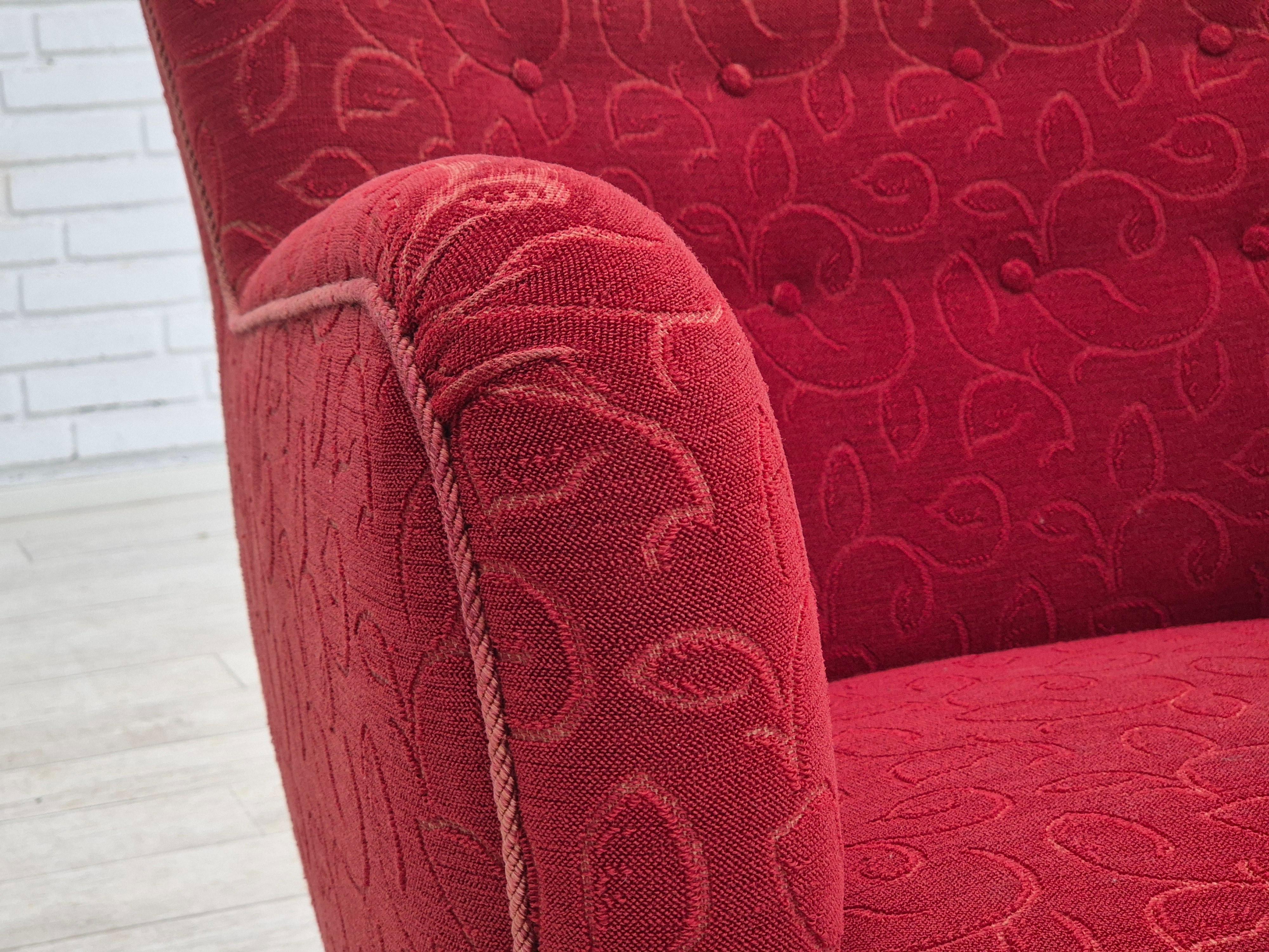 Fauteuil de détente danois des années 1960, état d'origine, coton/laine rouge. en vente 11