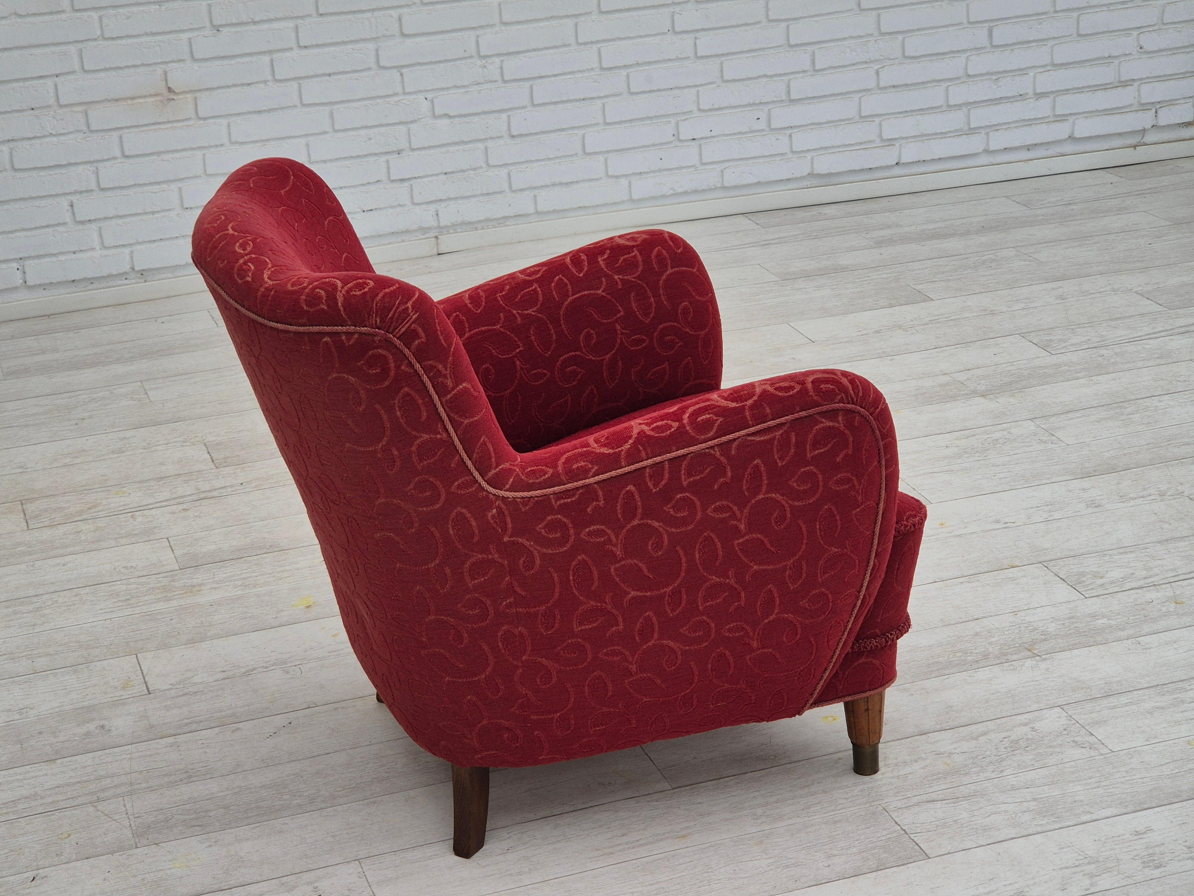 Fauteuil de détente danois des années 1960, état d'origine, coton/laine rouge. Bon état - En vente à Tarm, 82