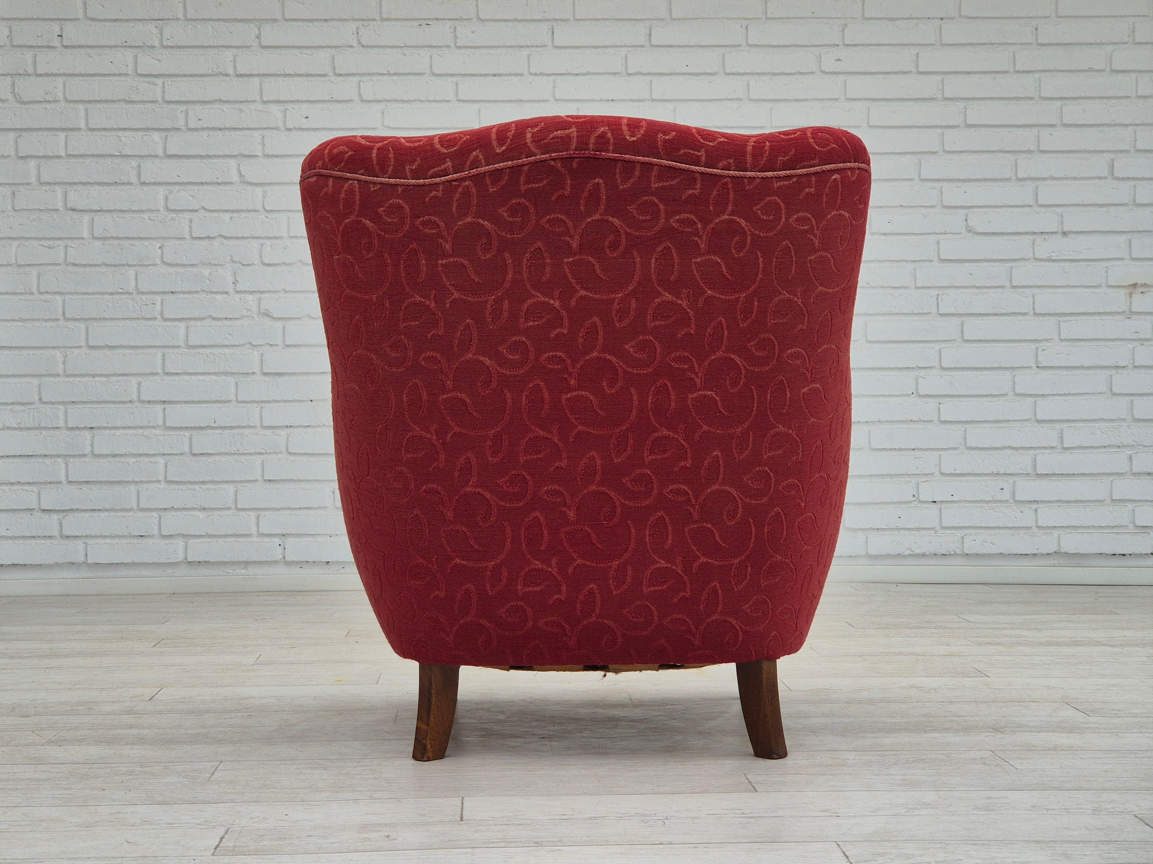 Brass 1960s, Danish relax armchair, original condition, red cotton/wool. For Sale