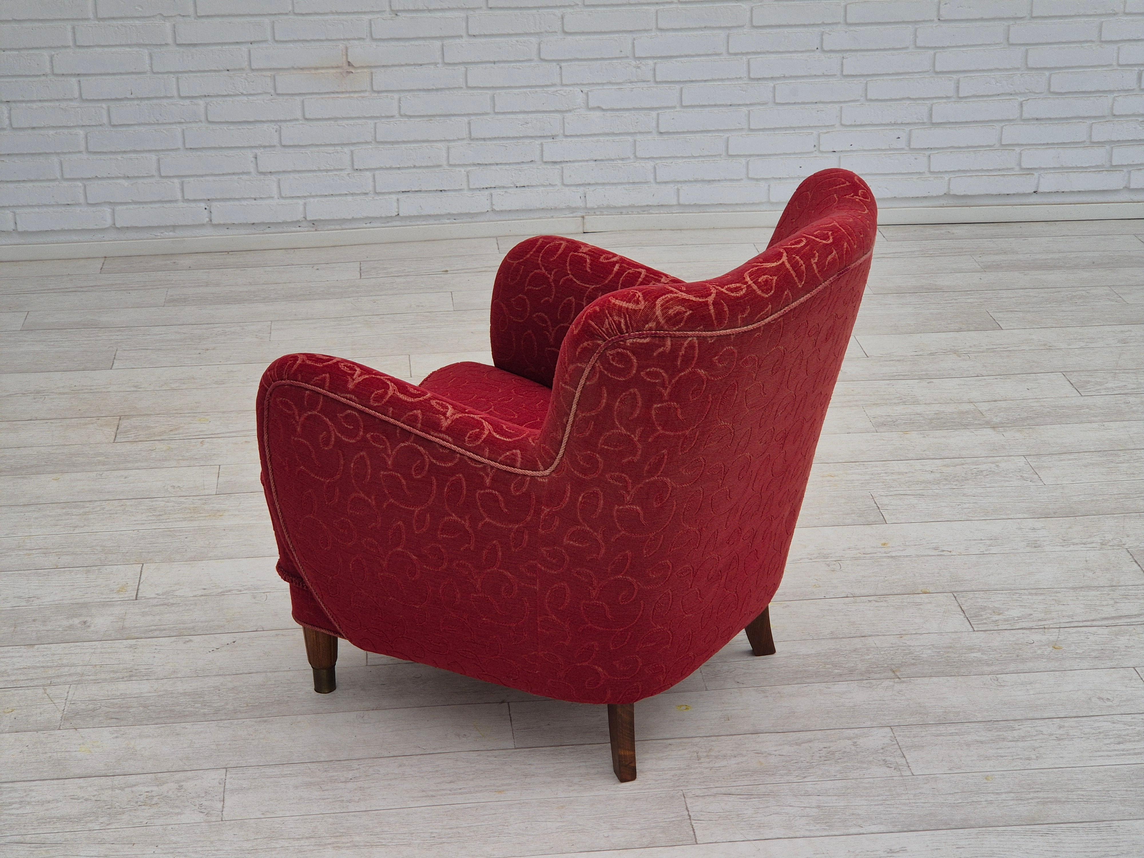 1960s, Danish relax armchair, original condition, red cotton/wool. For Sale 1