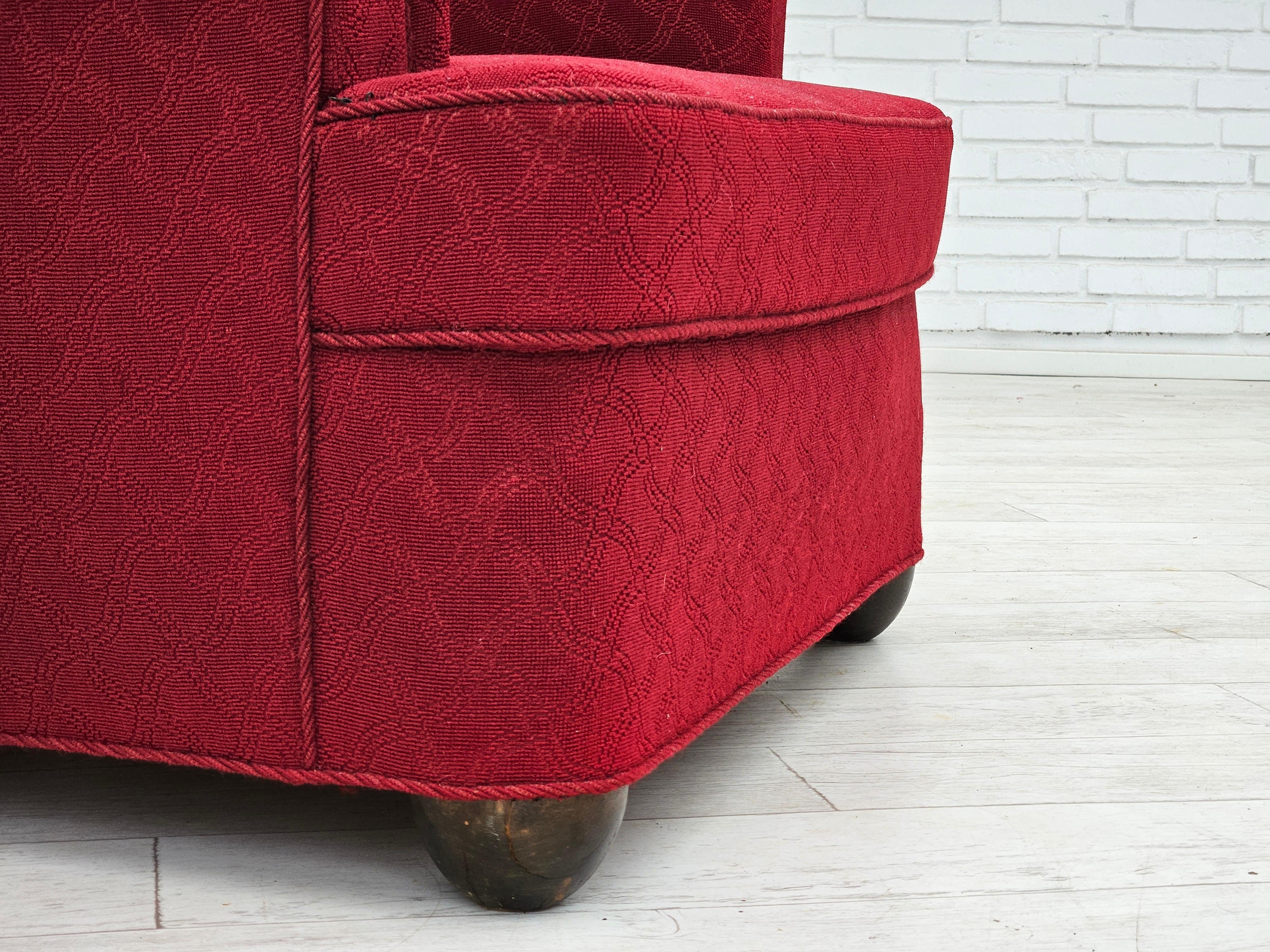 1960s, Danish relax armchair, original condition, red cotton/wool, oak wood. For Sale 4