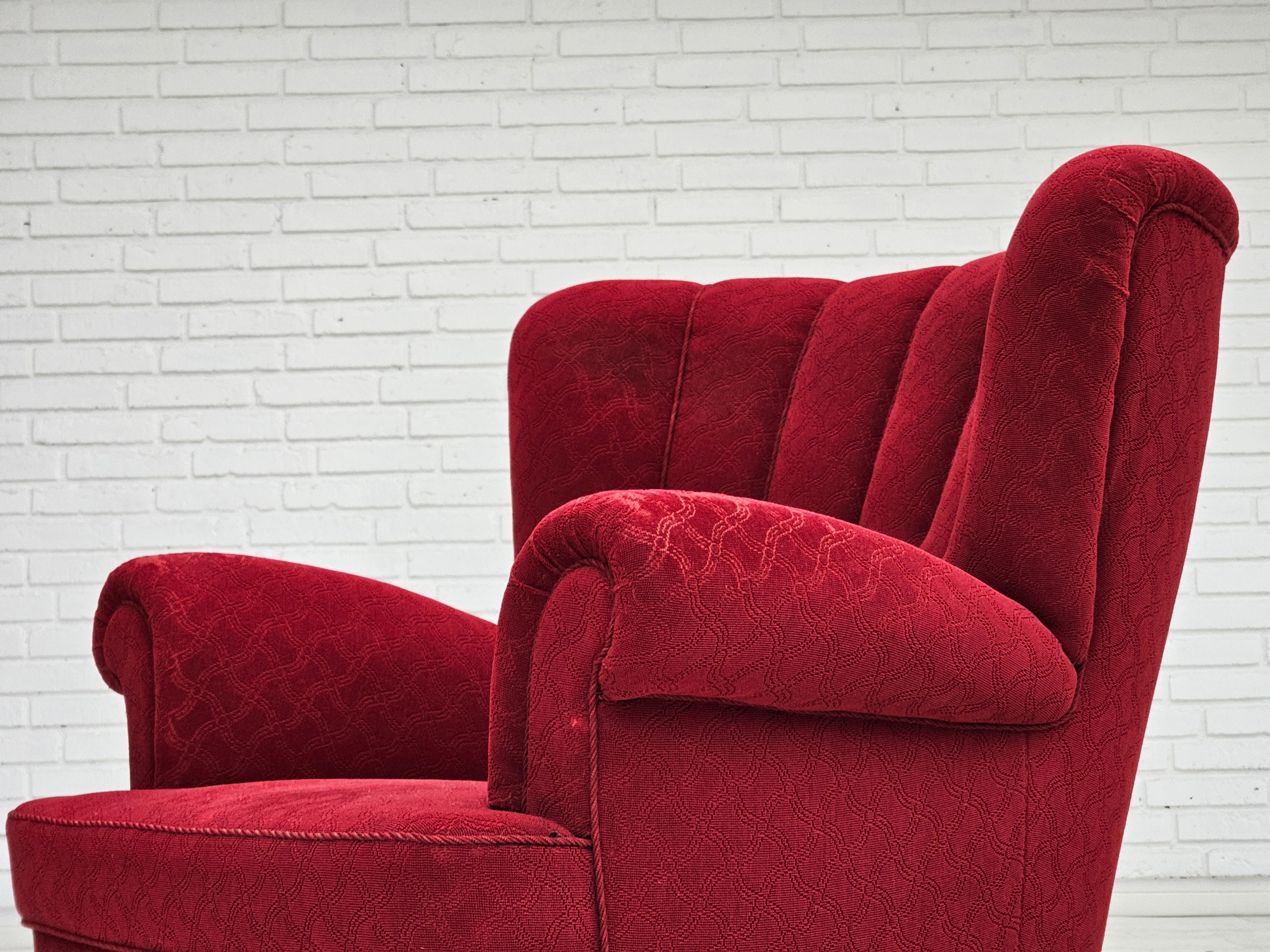1960s, Danish relax armchair, original condition, red cotton/wool, oak wood. For Sale 8
