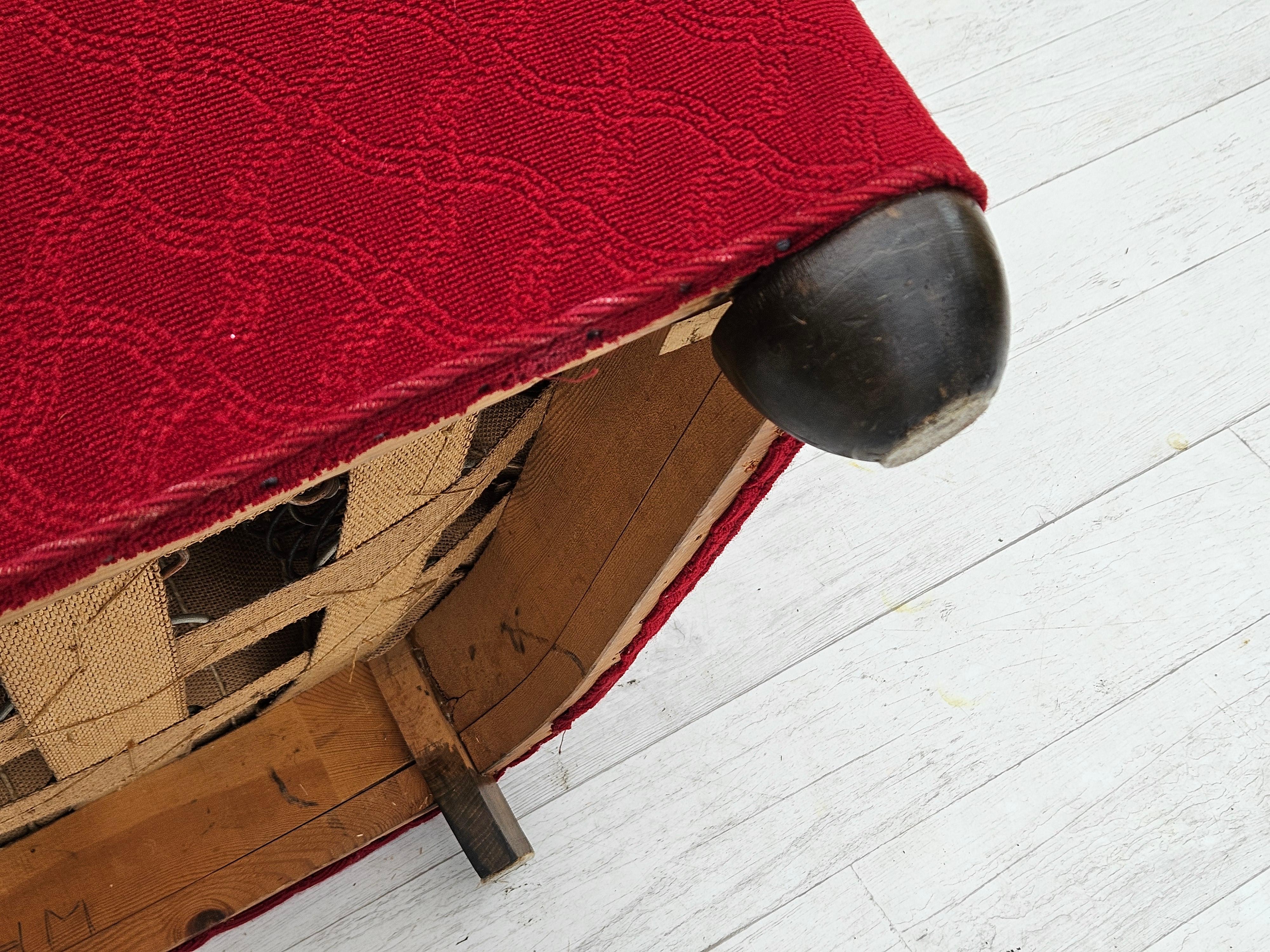 1960s, fauteuil relax danois, état original, coton/laine rouge, bois de chêne. en vente 9