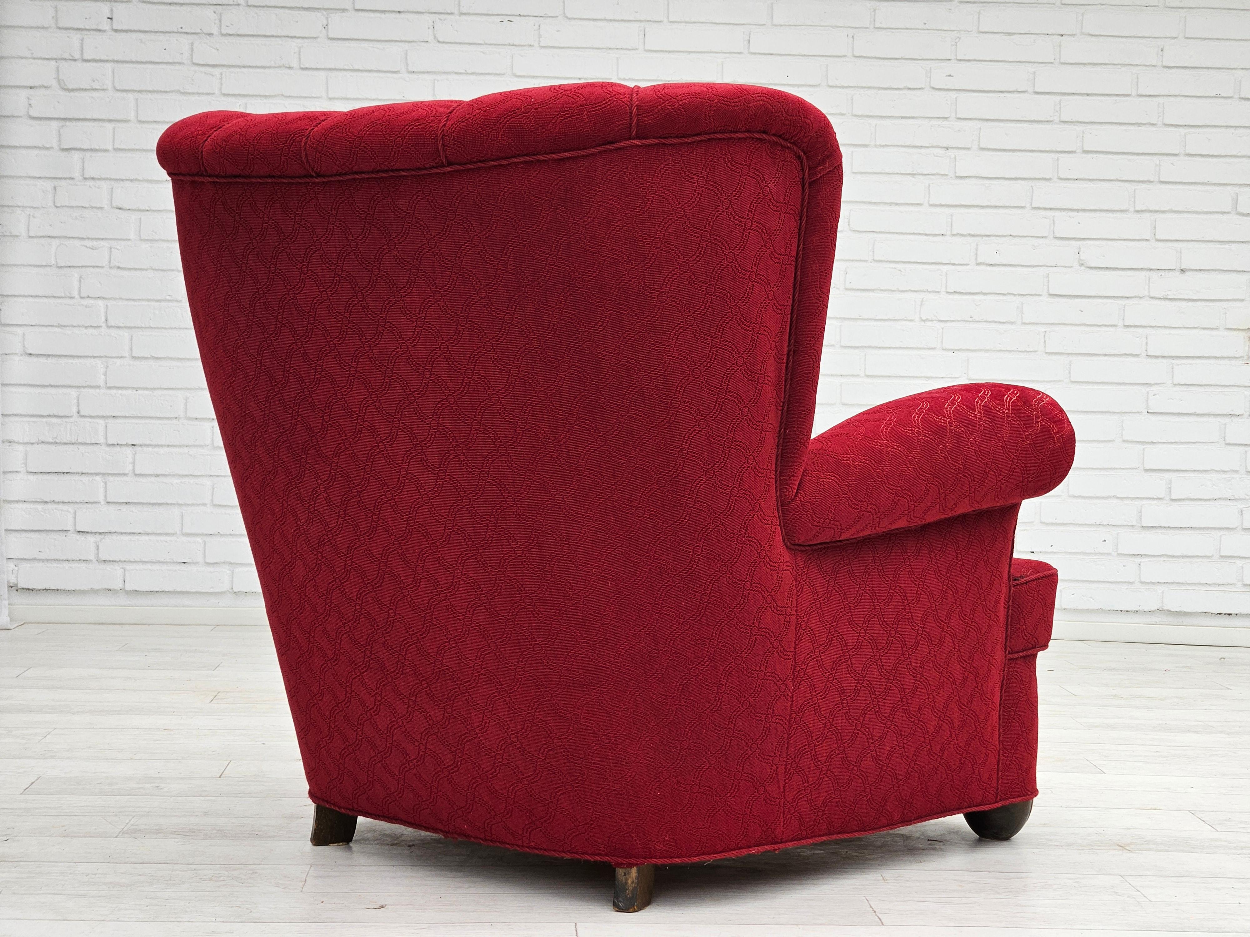 Wool 1960s, Danish relax armchair, original condition, red cotton/wool, oak wood. For Sale