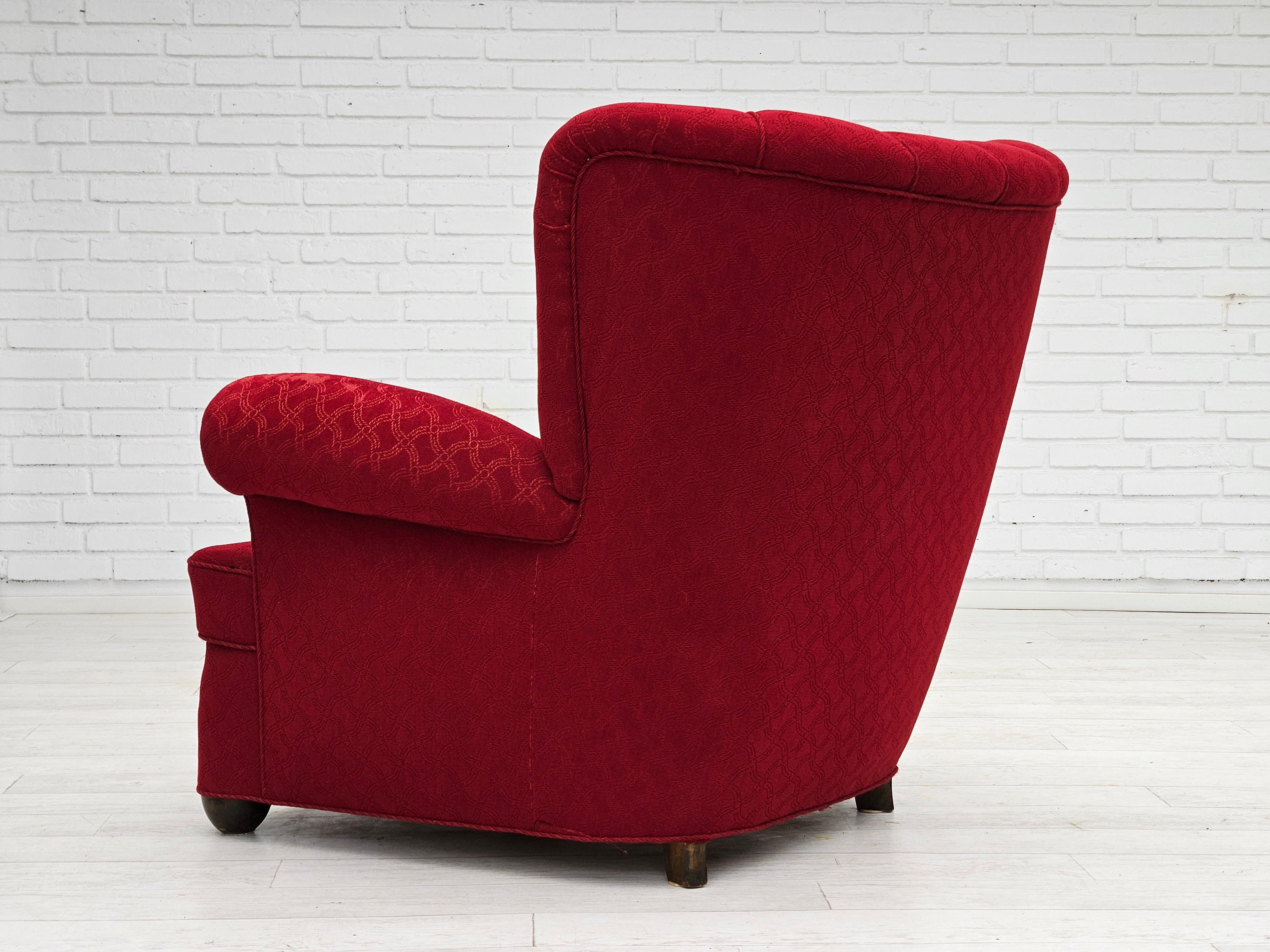 1960s, Danish relax armchair, original condition, red cotton/wool, oak wood. For Sale 1