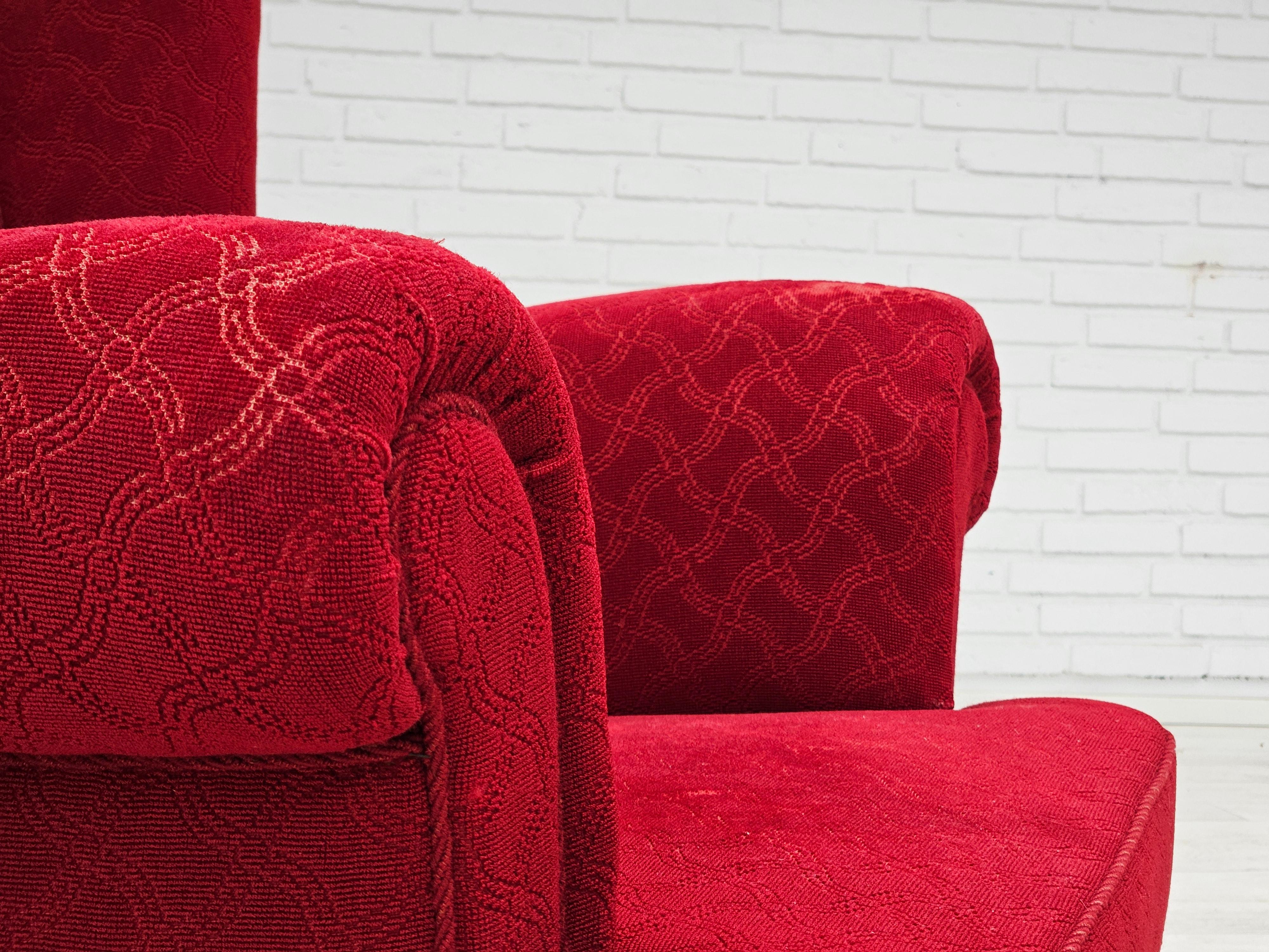 1960s, Danish relax armchair, original condition, red cotton/wool, oak wood. For Sale 3
