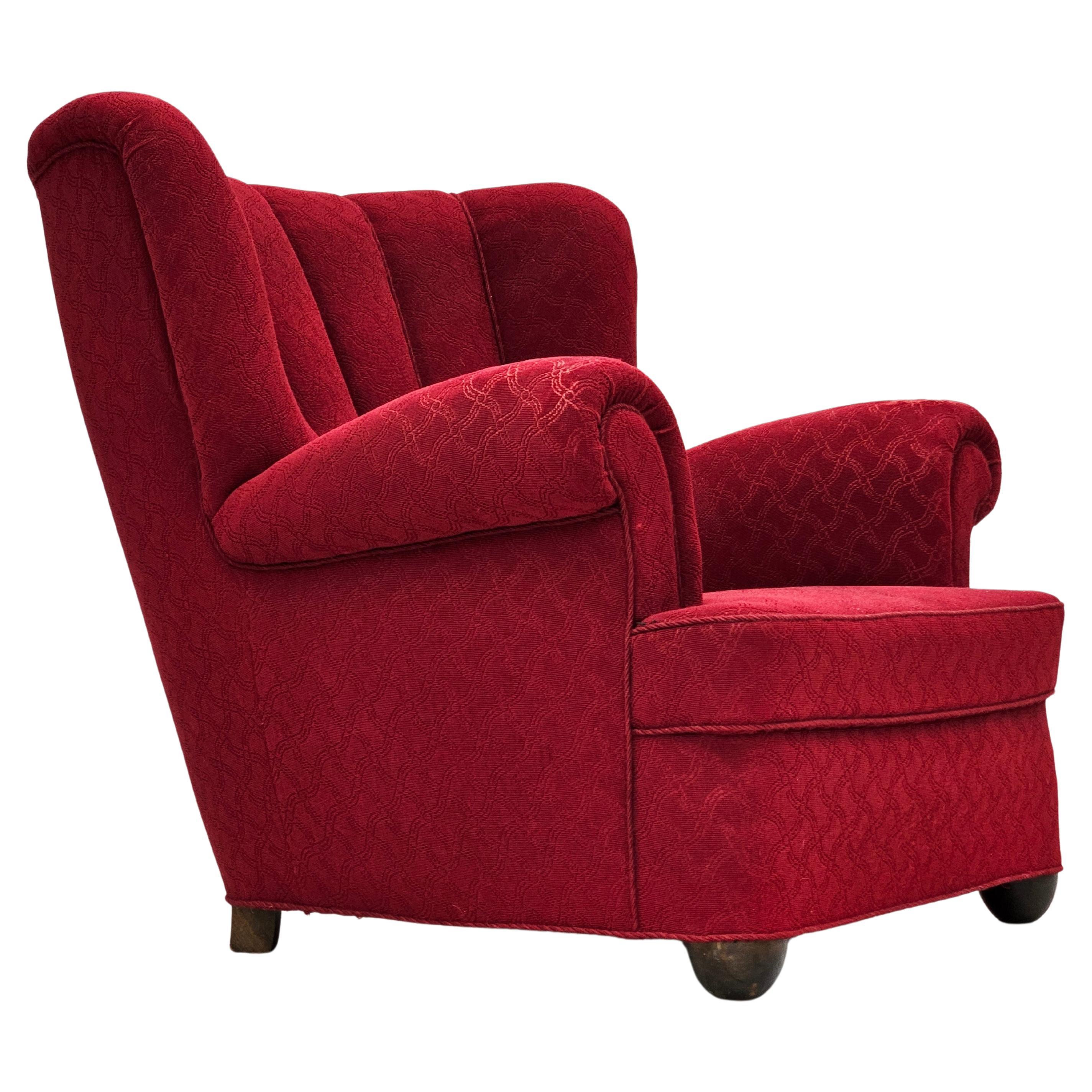 1960s, fauteuil relax danois, état original, coton/laine rouge, bois de chêne.