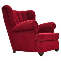 1960s, fauteuil relax danois, état original, coton/laine rouge, bois de chêne.