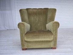 1960s, Danish relax armchair, original green furniture velour, beech wood.