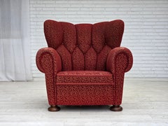 1960er Jahre, Dänischer Relaxsessel, original rote Möbelwolle, Beine aus Eichenholz.