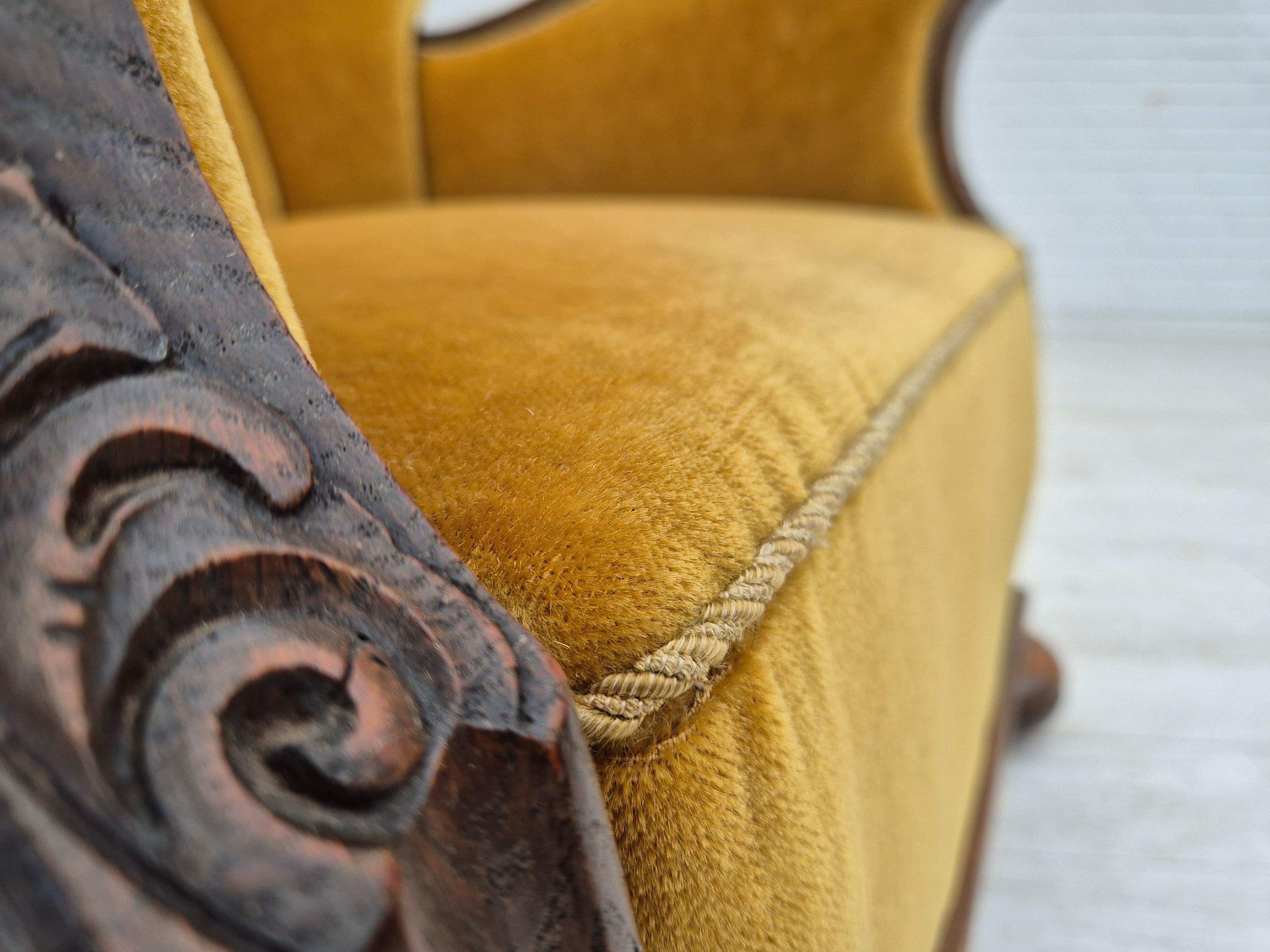 1960s, Danish relax armchair, yellow-honning furniture velour, oak wood. For Sale 7