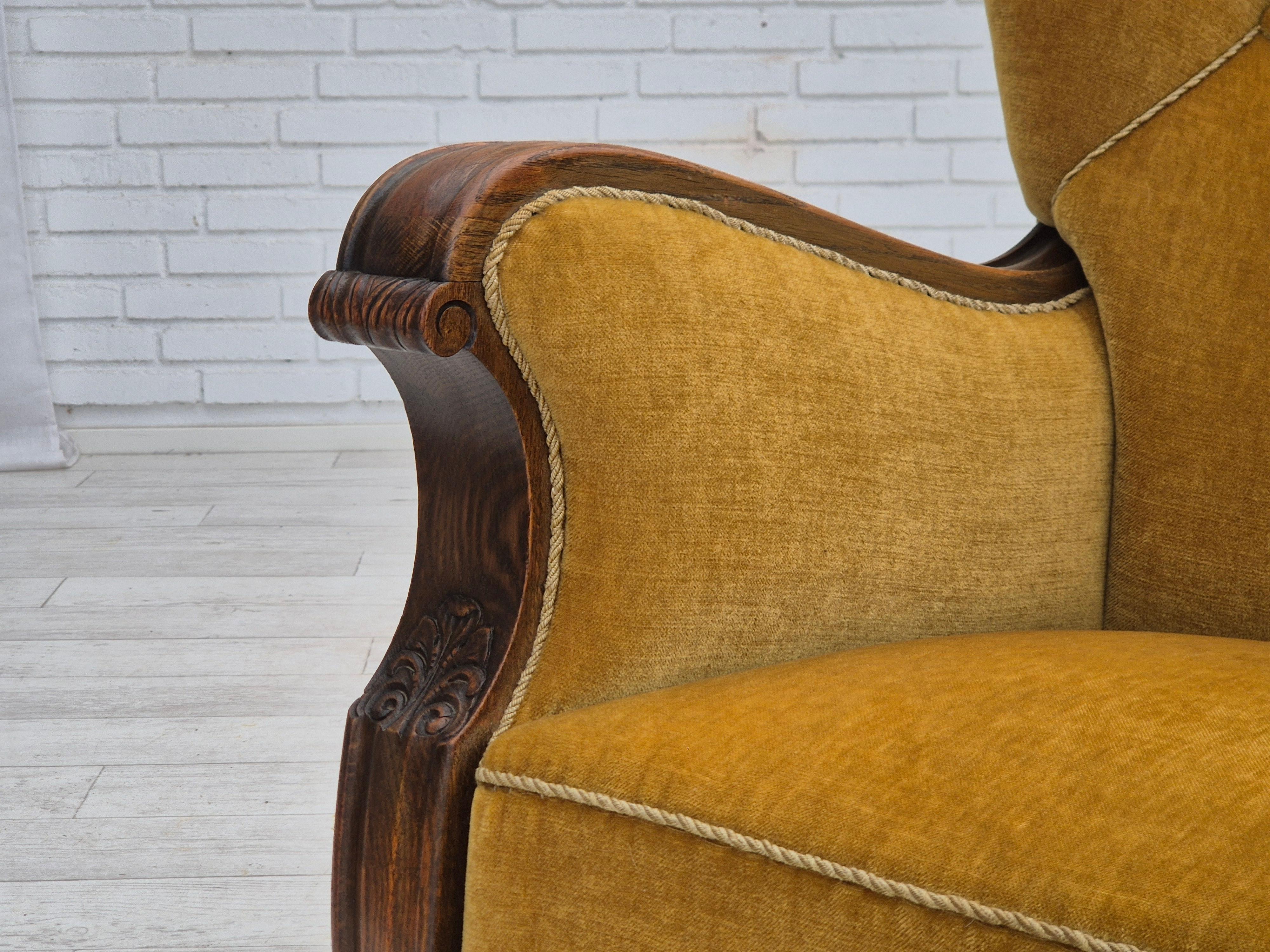 1960s, Danish relax armchair, yellow-honning furniture velour, oak wood. For Sale 11