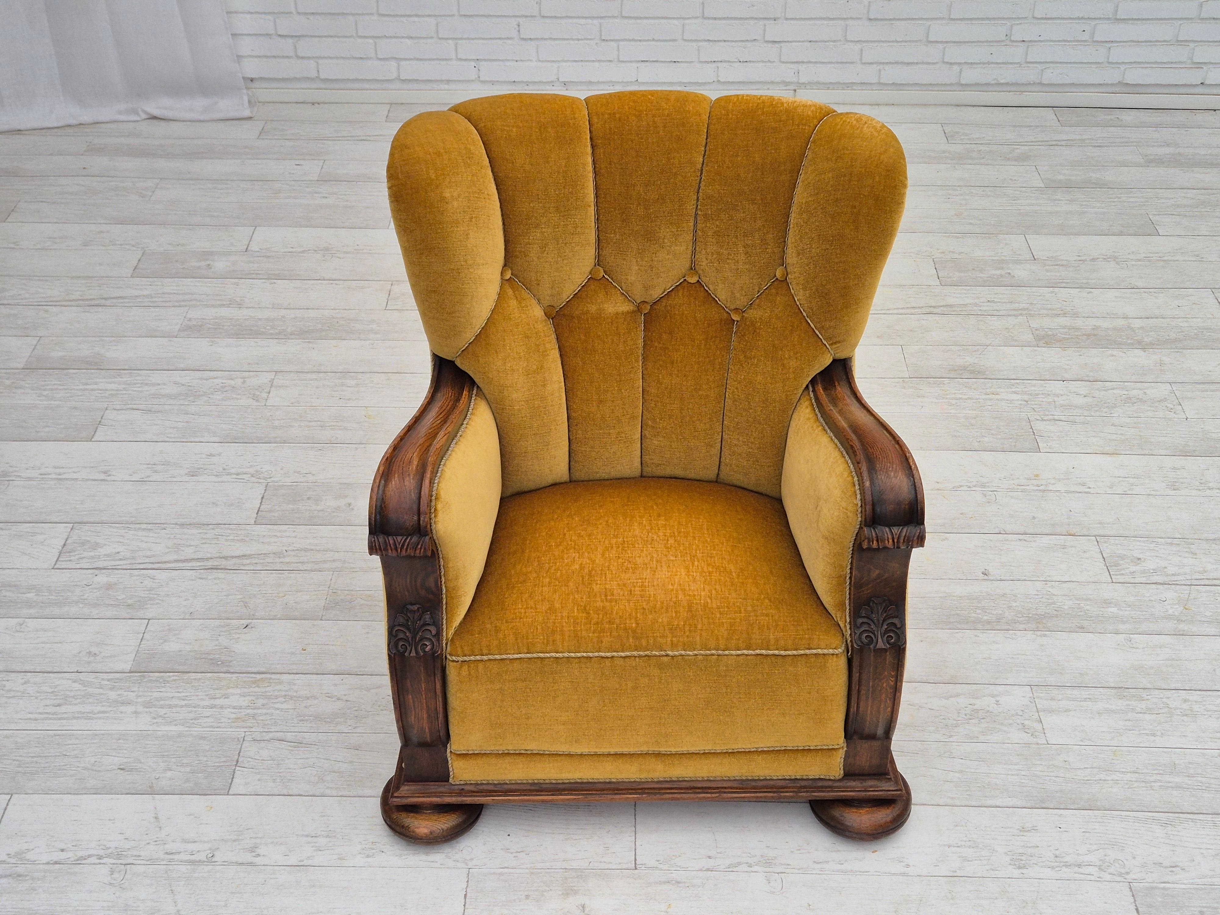 1960s, Danish relax armchair, yellow-honning furniture velour, oak wood. For Sale 13