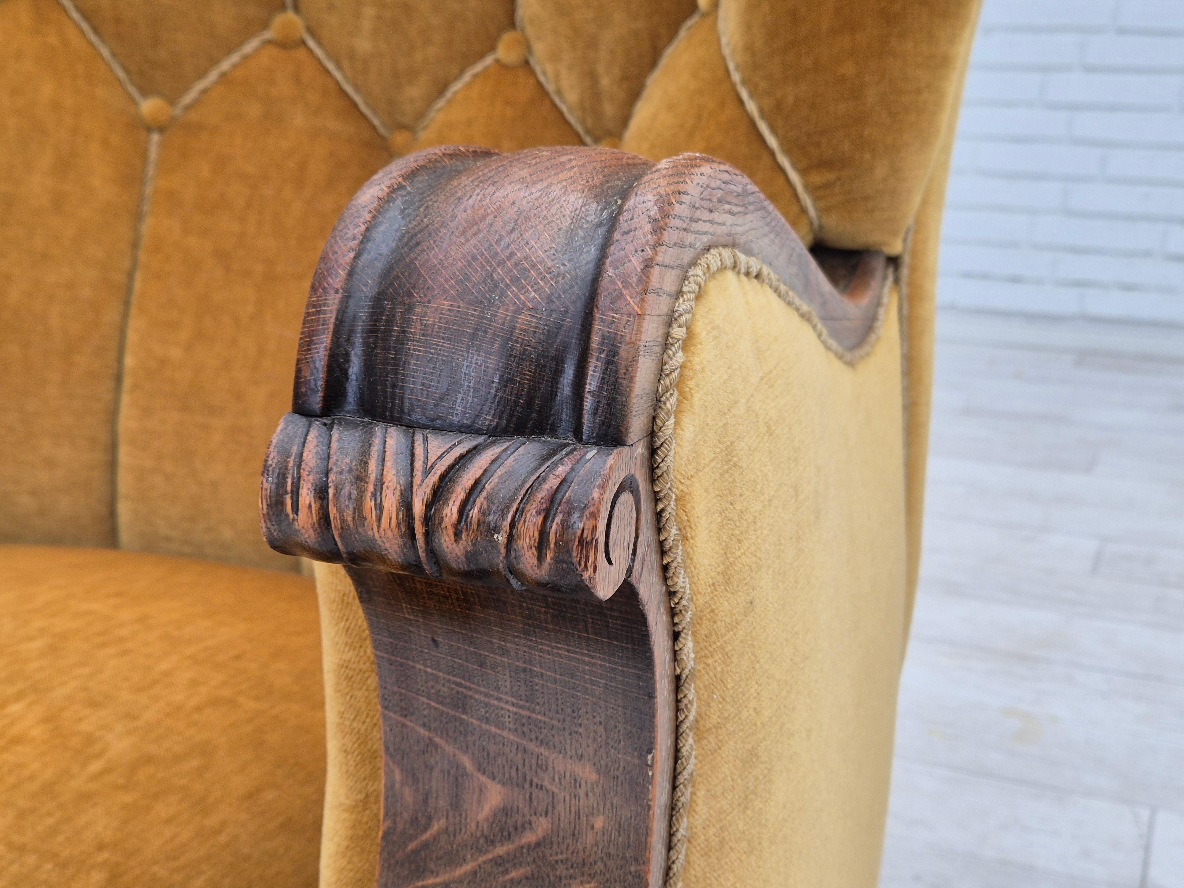 Scandinavian Modern 1960s, Danish relax armchair, yellow-honning furniture velour, oak wood. For Sale