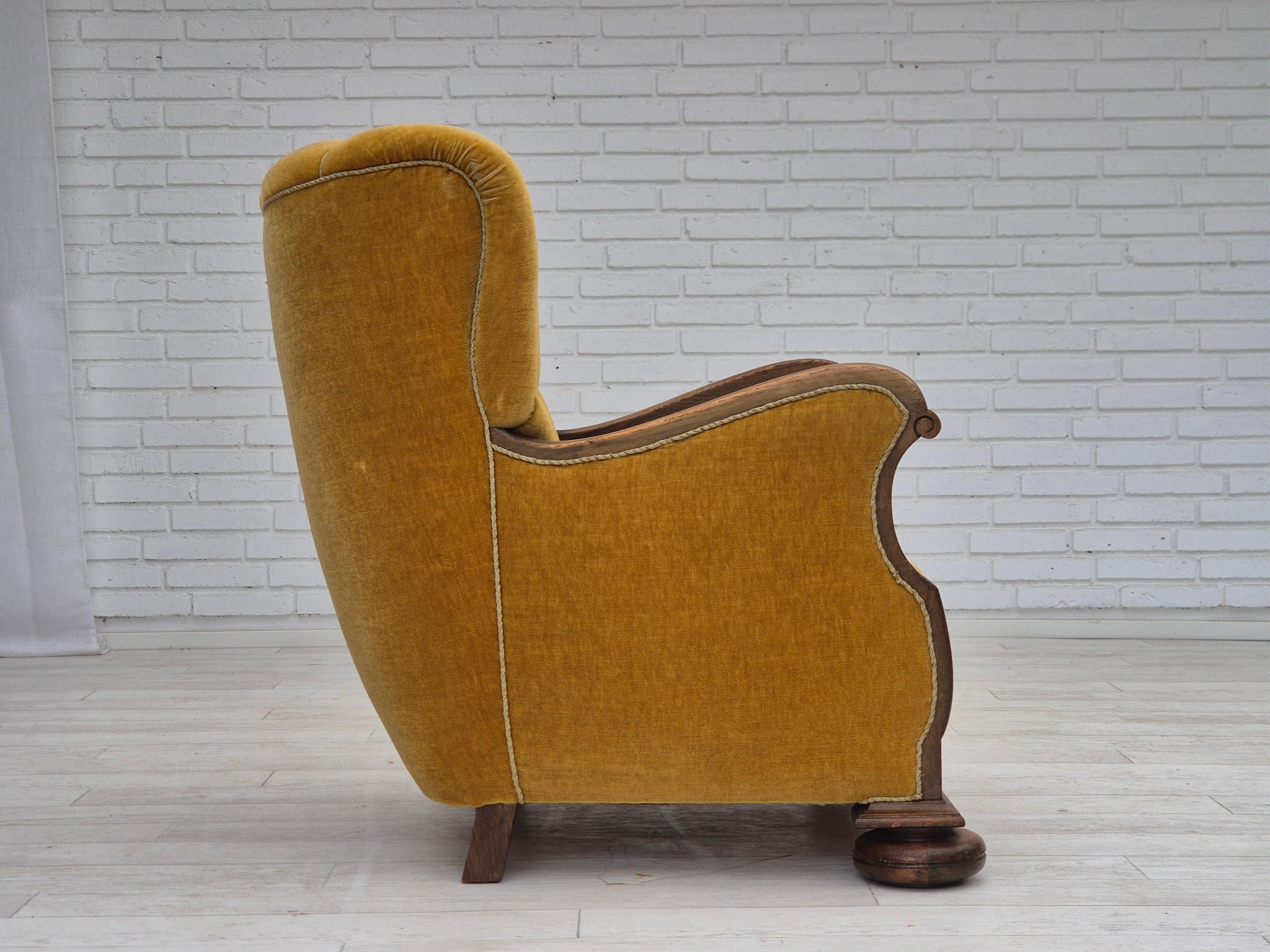 Velvet 1960s, Danish relax armchair, yellow-honning furniture velour, oak wood. For Sale
