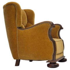 1960s, Danish relax armchair, yellow-honning furniture velour, oak wood.