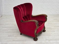 Anni '60, sedia relax Wood, velluto rosso ciliegia, legno di Oak.