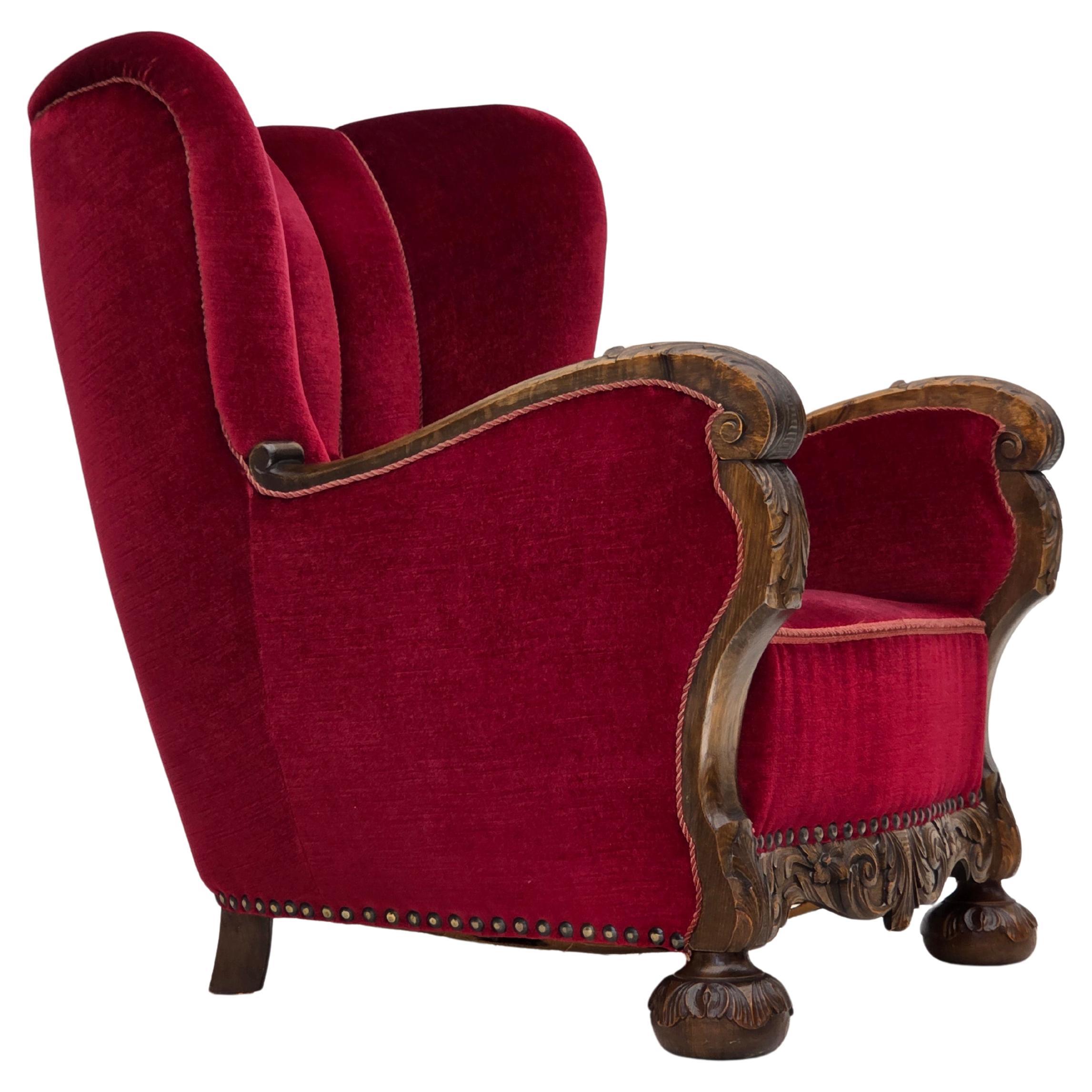 1960s, Danish relax chair, cherry-red furniture velour, oak wood.