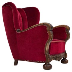 1960s, Danish relax chair, cherry-red furniture velour, oak wood.
