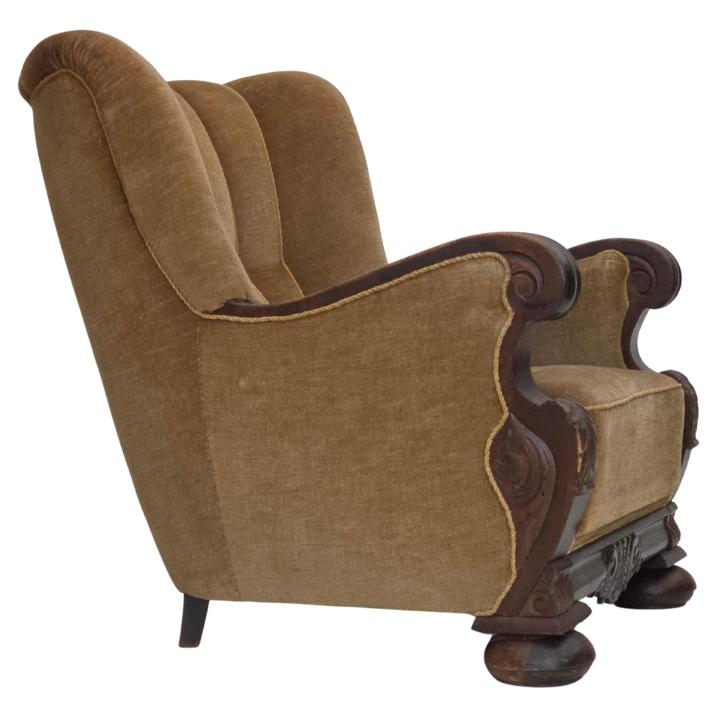 1960s, Danish relax chair, original green furniture velour, carved oak wood.